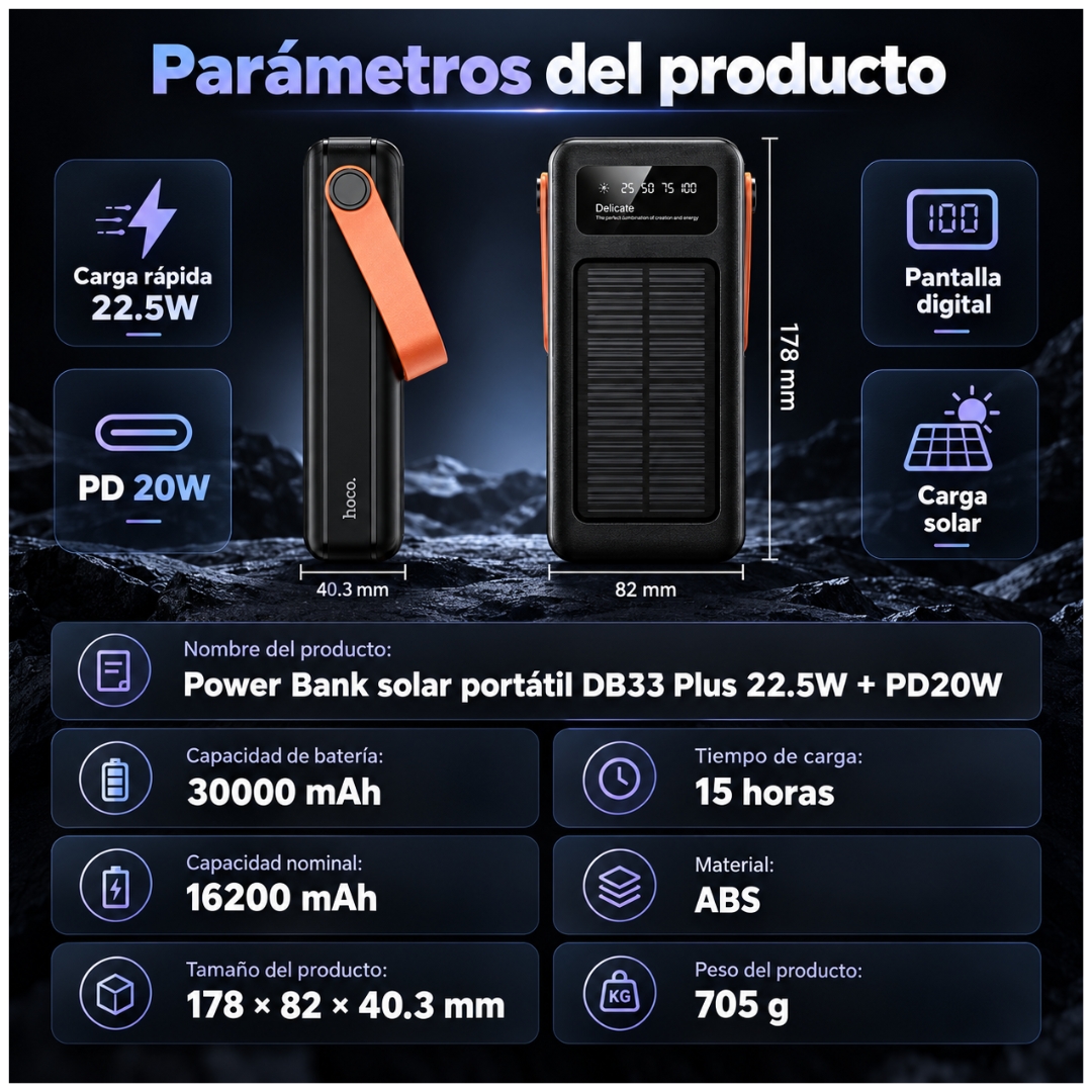 POWER BANK HOCO 30000MAH CARGA SOLAR CARGA RAPIDA 22.5W CON LINTERNA PANTALLA - 3