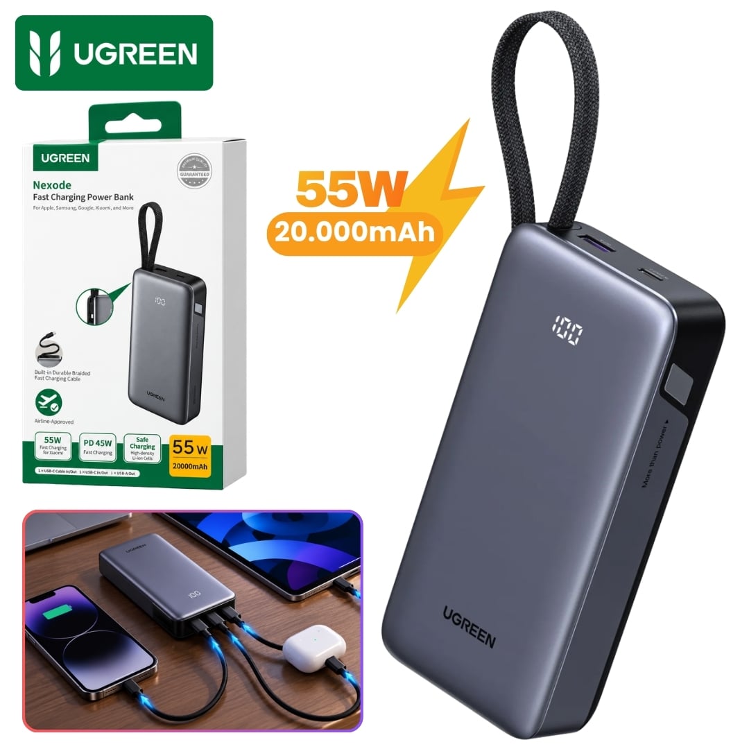 POWER BANK UGREEN 20000MAH CARGA RAPIDA 55W BATERÍA PORTÁTIL CON CABLE INTEGRADO PARA LAPTOP Y CELULAR - 1