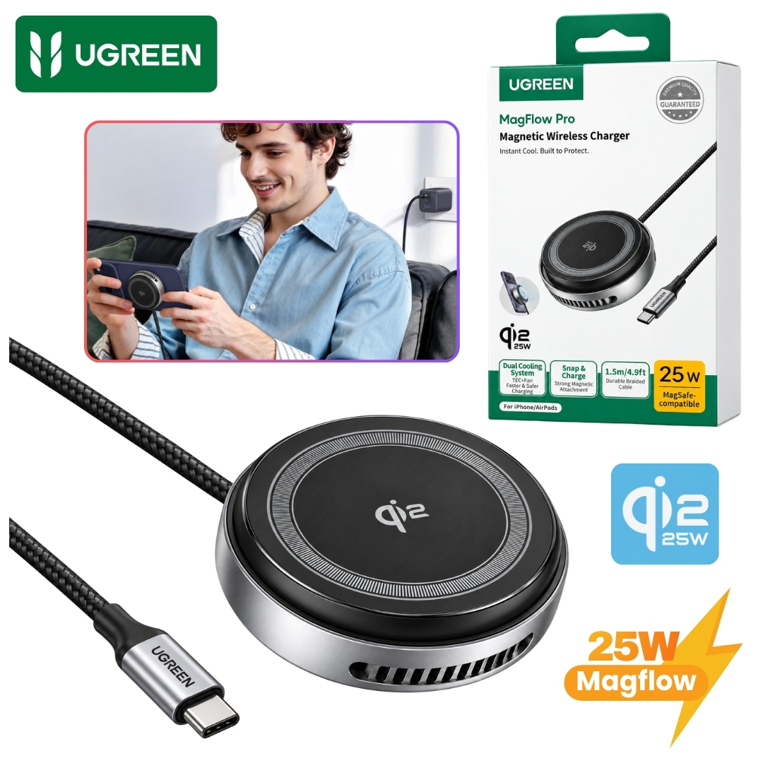 CARGADOR INALÁMBRICO UGREEN MAGSAFE QI2 25W CARGA RAPIDA IPHONE WATCH AIRPODS W773-75247 - 1