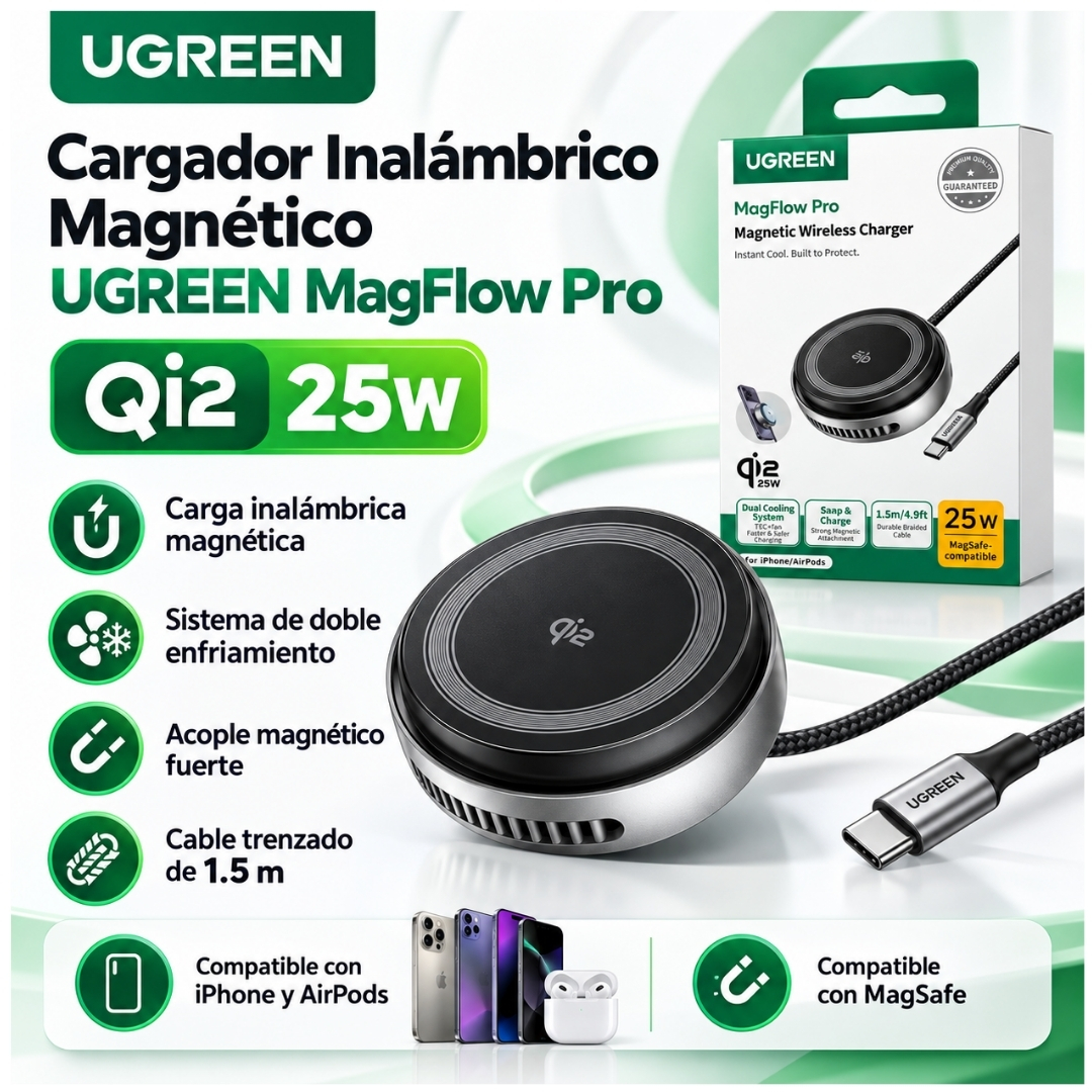 CARGADOR INALÁMBRICO UGREEN MAGSAFE QI2 25W CARGA RAPIDA IPHONE WATCH AIRPODS W773-75247 - 2