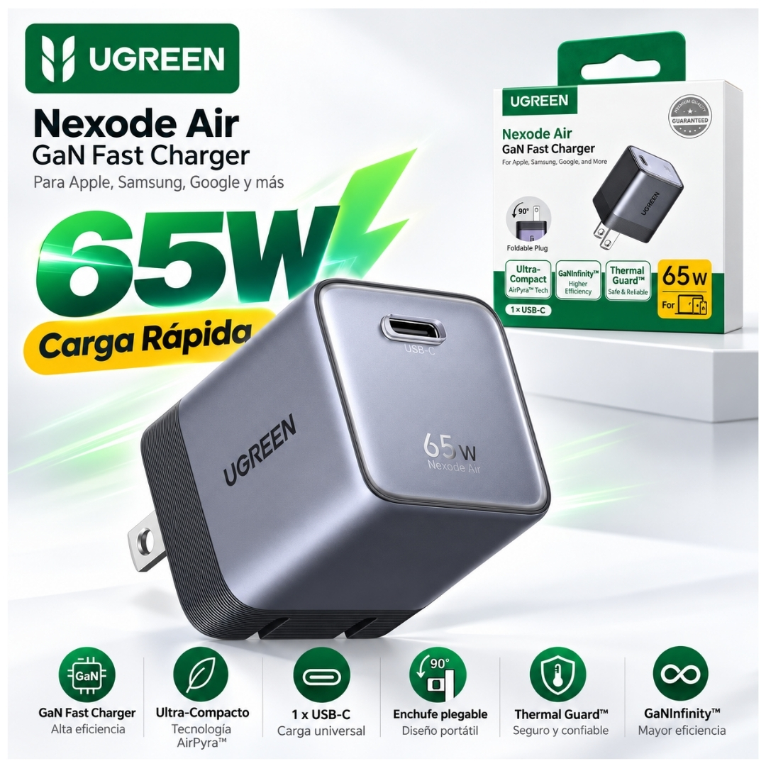 CARGADOR UGREEN NEXODE 65W AIR GAN TIPO C CARGA RAPIDA PARA MACBOOK LAPTOP CELULARES IPHONE SAMSUNG - 2