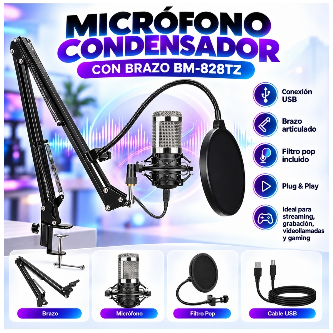 KIT MICRÓFONO CONDENSADOR PROFESIONAL CON SOPORTE Y ANTIPOP PARA STREAMING PC - 1