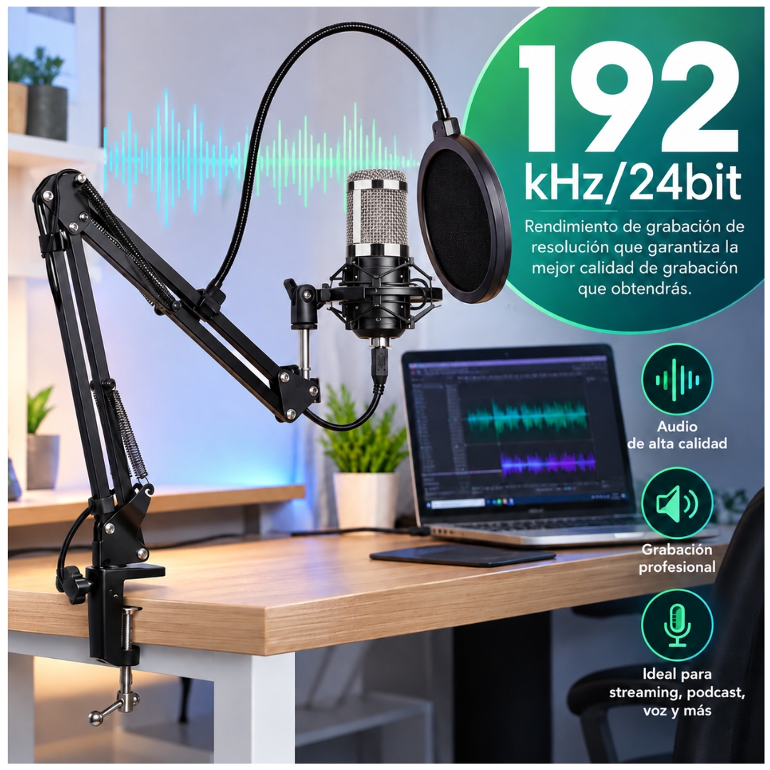 KIT MICRÓFONO CONDENSADOR PROFESIONAL CON SOPORTE Y ANTIPOP PARA STREAMING PC - 4