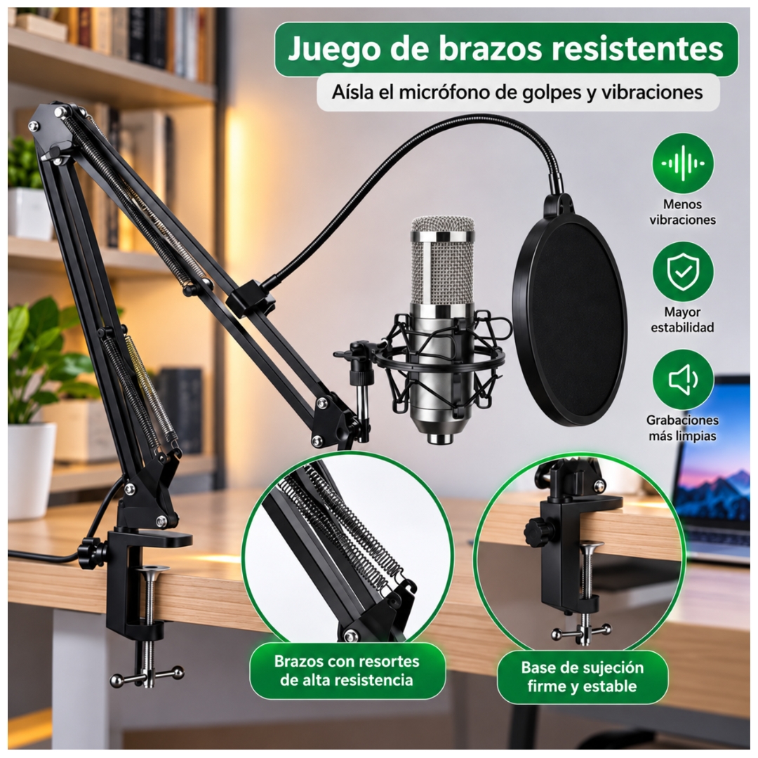 KIT MICRÓFONO CONDENSADOR PROFESIONAL CON SOPORTE Y ANTIPOP PARA STREAMING PC - 5