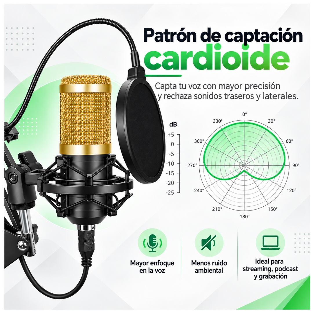 KIT MICRÓFONO CONDENSADOR PROFESIONAL CON SOPORTE Y ANTIPOP PARA STREAMING PC - 6