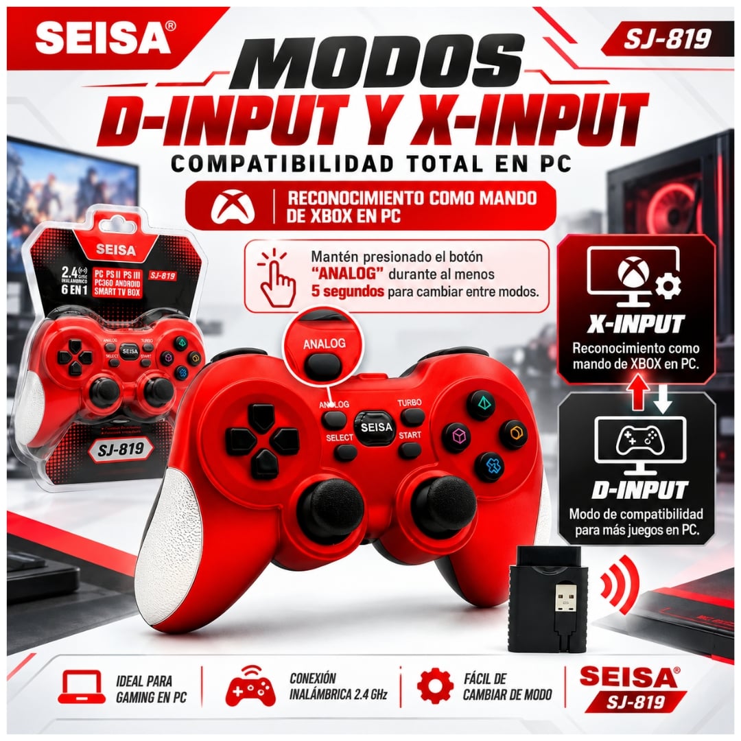 JOYSTICK INALÁMBRICO RECARGABLE GAMEPAD 6 EN 1 PARA PC PS2 PS3 SJ-819 - 3