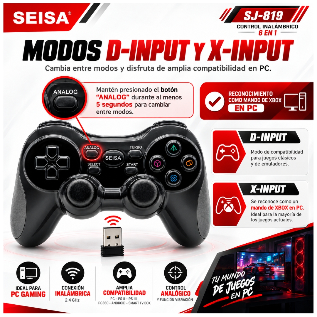 JOYSTICK INALÁMBRICO RECARGABLE GAMEPAD 6 EN 1 PARA PC PS2 PS3 SJ-819 - 3