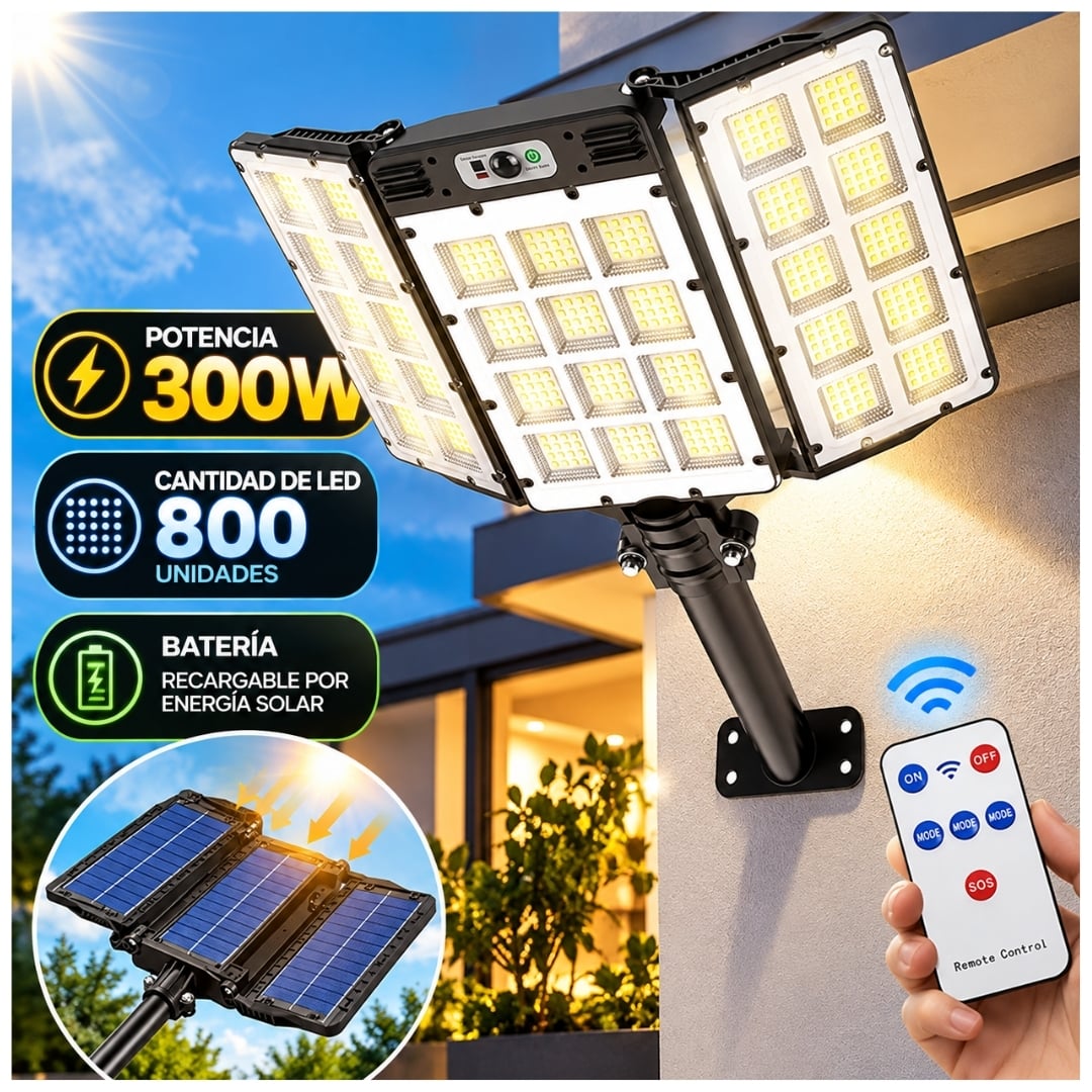 FAROLA LUZ SOLAR LED 300W ILUMINACIÓN EXTERIOR PANEL SENSOR MOVIMIENTO - 2