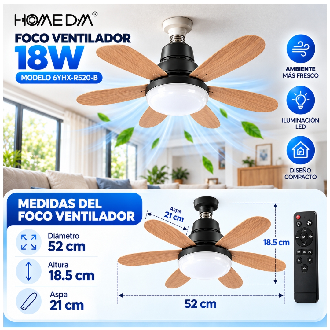 FOCO VENTILADOR DE TECHO 18W 6 ASPAS LUZ LED Y 3 VELOCIDADES DE AIRE CON CONTROL REMOTO NEGRO - 6
