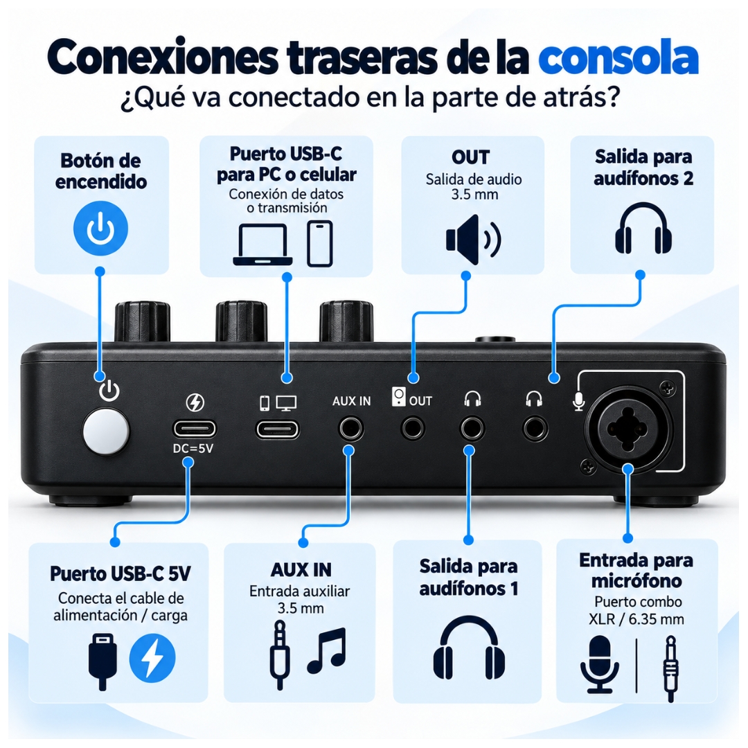 CONSOLA MEZCLADORA INTERFAZ DE AUDIO CON MICRÓFONO RGB ESTUDIO DE GRABACIÓN PODCAST, STREAMING, GUITARRA, GRABACIÓN Y GAMER - 6
