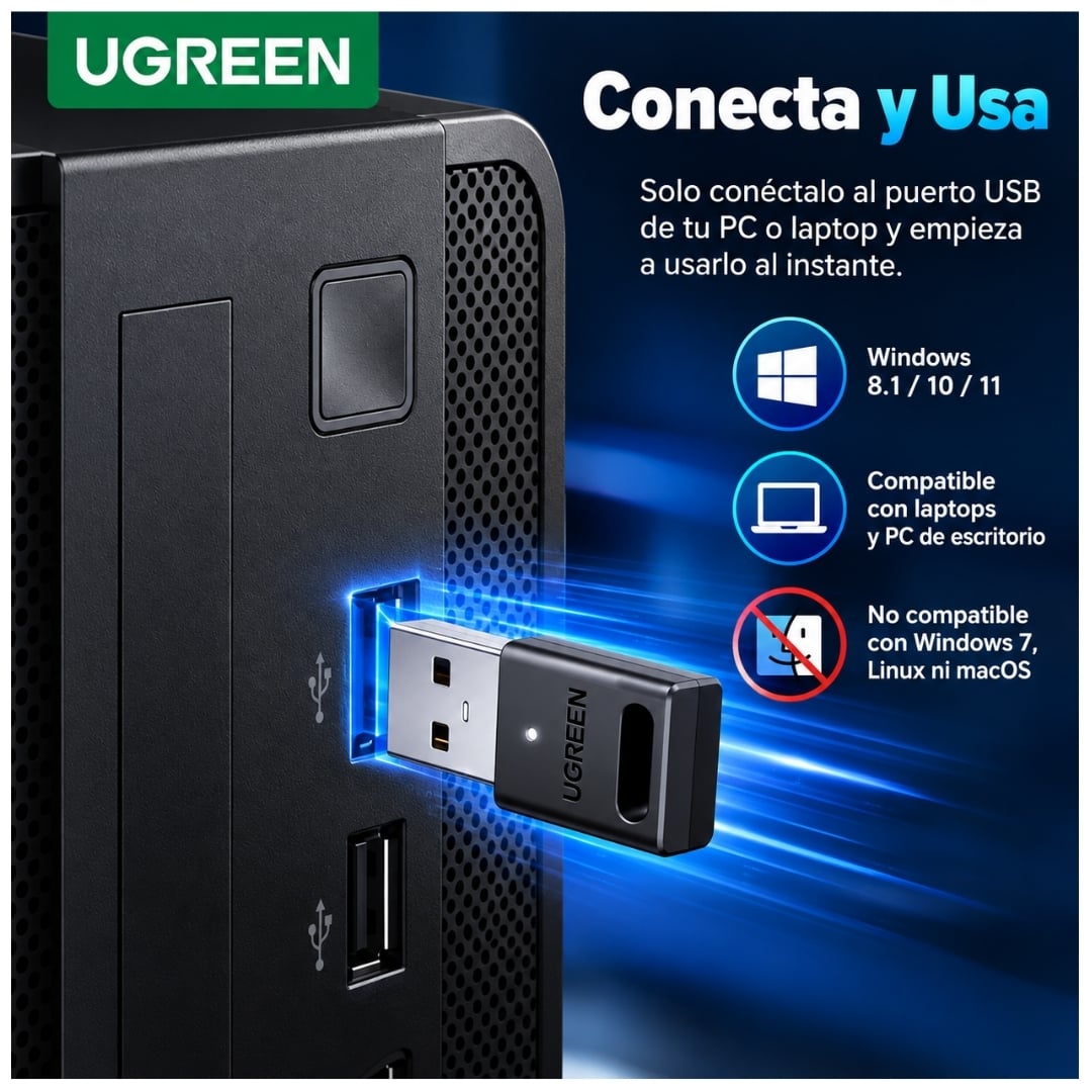 ADAPTADOR BLUETOOTH UGREEN TRASMISOR BLUETOOTH 5.3 PARA PARLANTE DE PC,MOUSE TECLADO, RECEPTOR DE AUDIO Y MÚSICA - 5