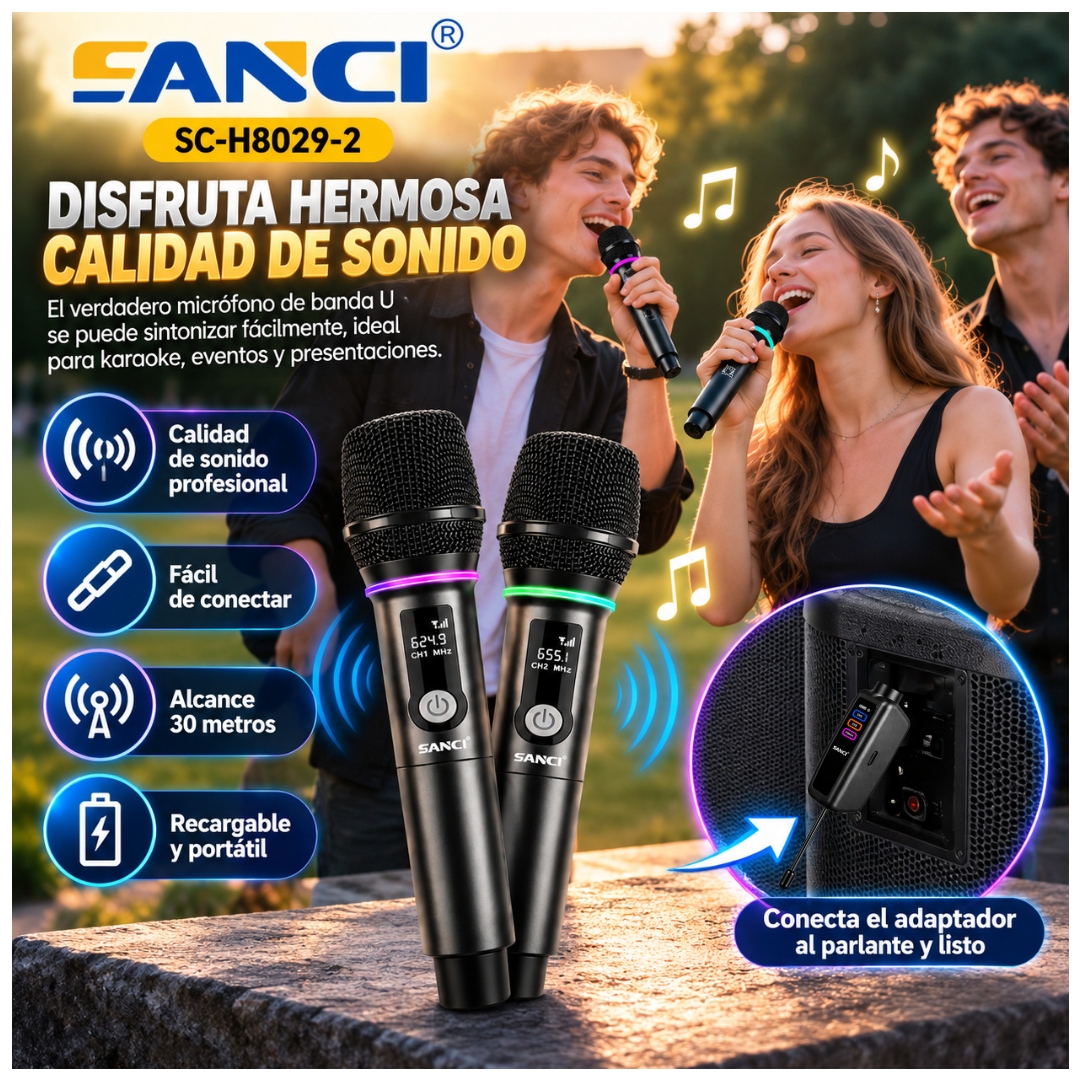 MICROFONO INALAMBRICO RECARGABLE SANCI SC-H8029-2 DUAL UHF PARA KARAOKE, PARLANTES, EVENTOS - 3