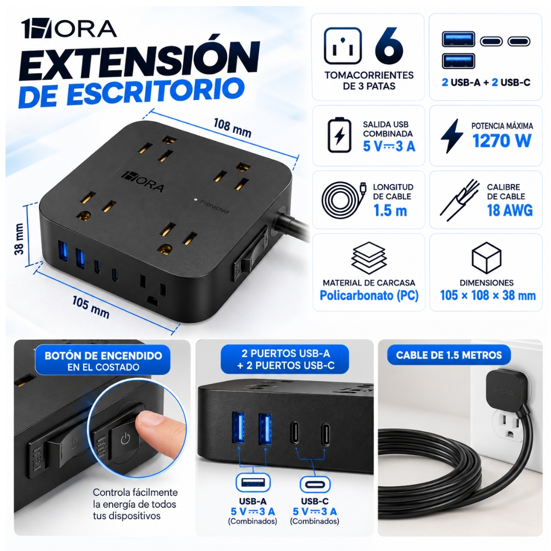 EXTENSIÓN TOMA CORRIENTE 1270W CARGA RÁPIDA 15W TYPE C USB SUPRESOR DE PICOS 8 SALIDAS 1HORA - 4