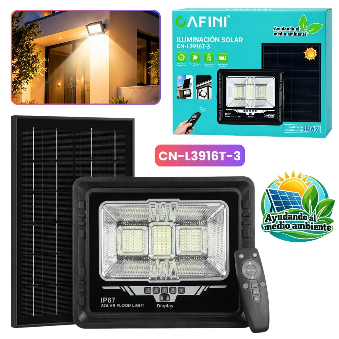 LAMPARA FAROLA REFLECTOR LUZ LED RECARGABLE CON PANEL SOLAR CAFINI LUZ DE 300W - 1