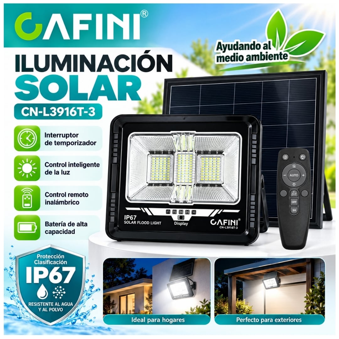LAMPARA FAROLA REFLECTOR LUZ LED RECARGABLE CON PANEL SOLAR CAFINI LUZ DE 300W - 2