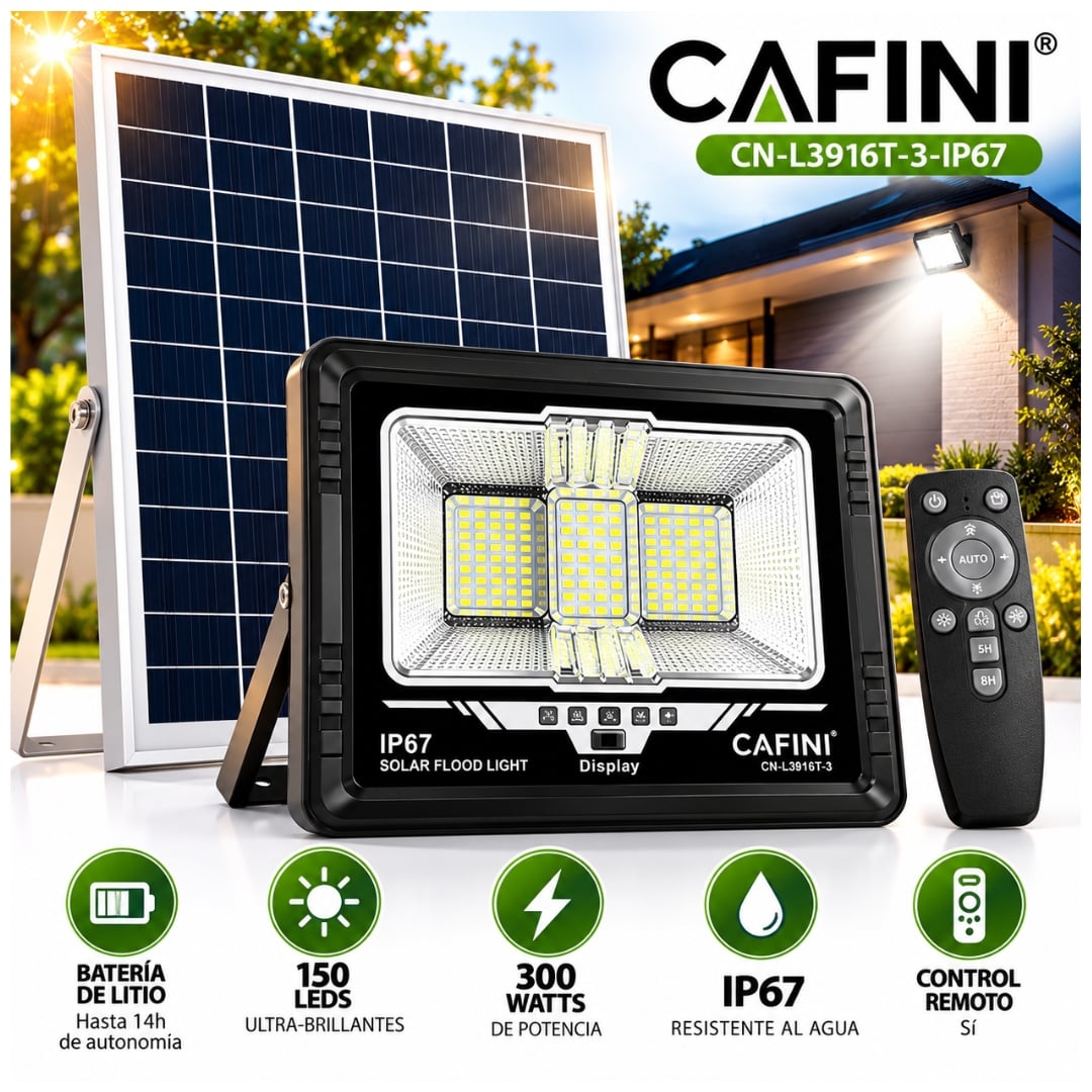 LAMPARA FAROLA REFLECTOR LUZ LED RECARGABLE CON PANEL SOLAR CAFINI LUZ DE 300W - 3
