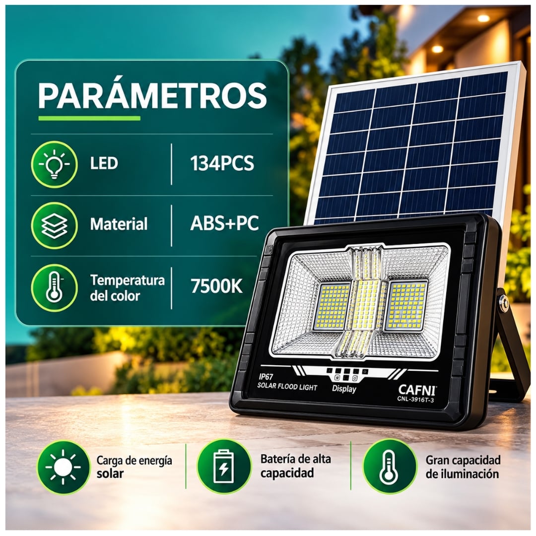 LAMPARA FAROLA REFLECTOR LUZ LED RECARGABLE CON PANEL SOLAR CAFINI LUZ DE 300W - 5