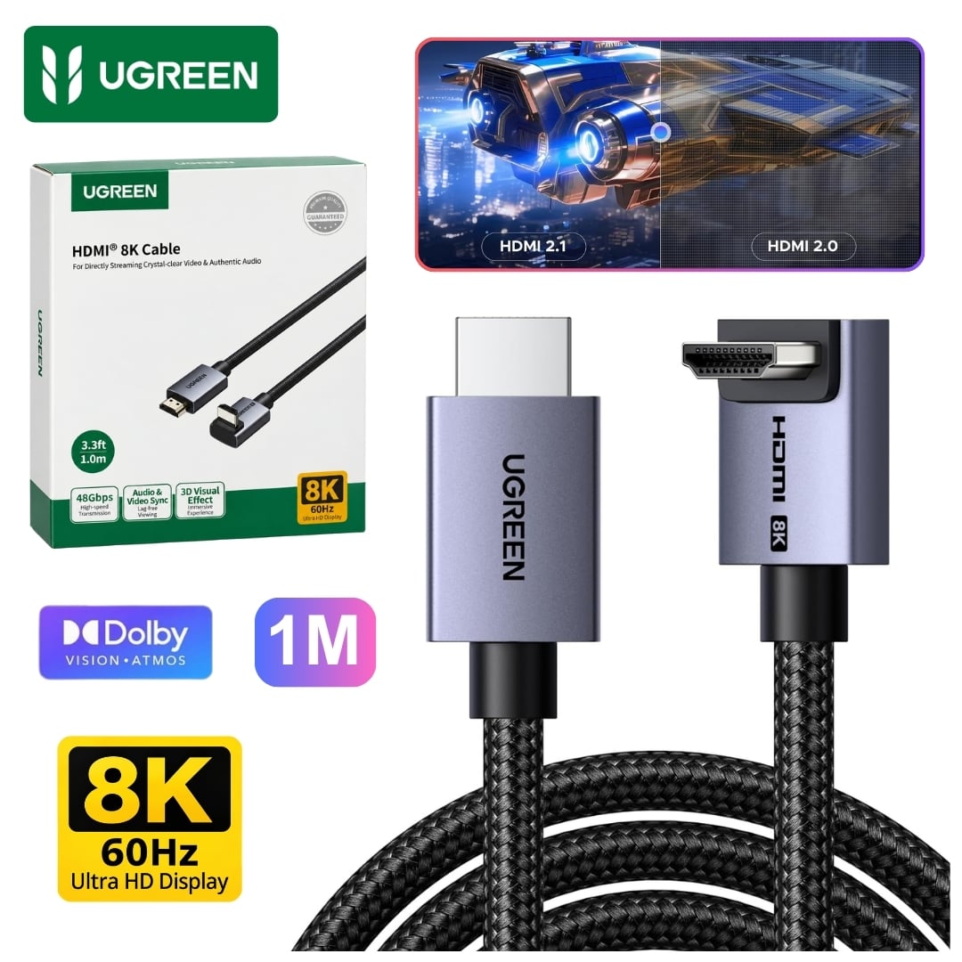 CABLE HDMI 2.1 UGREEN 8K 60HZ 48GBPS 1 METRO ANGULO 90° HD188 - 95826 - 1