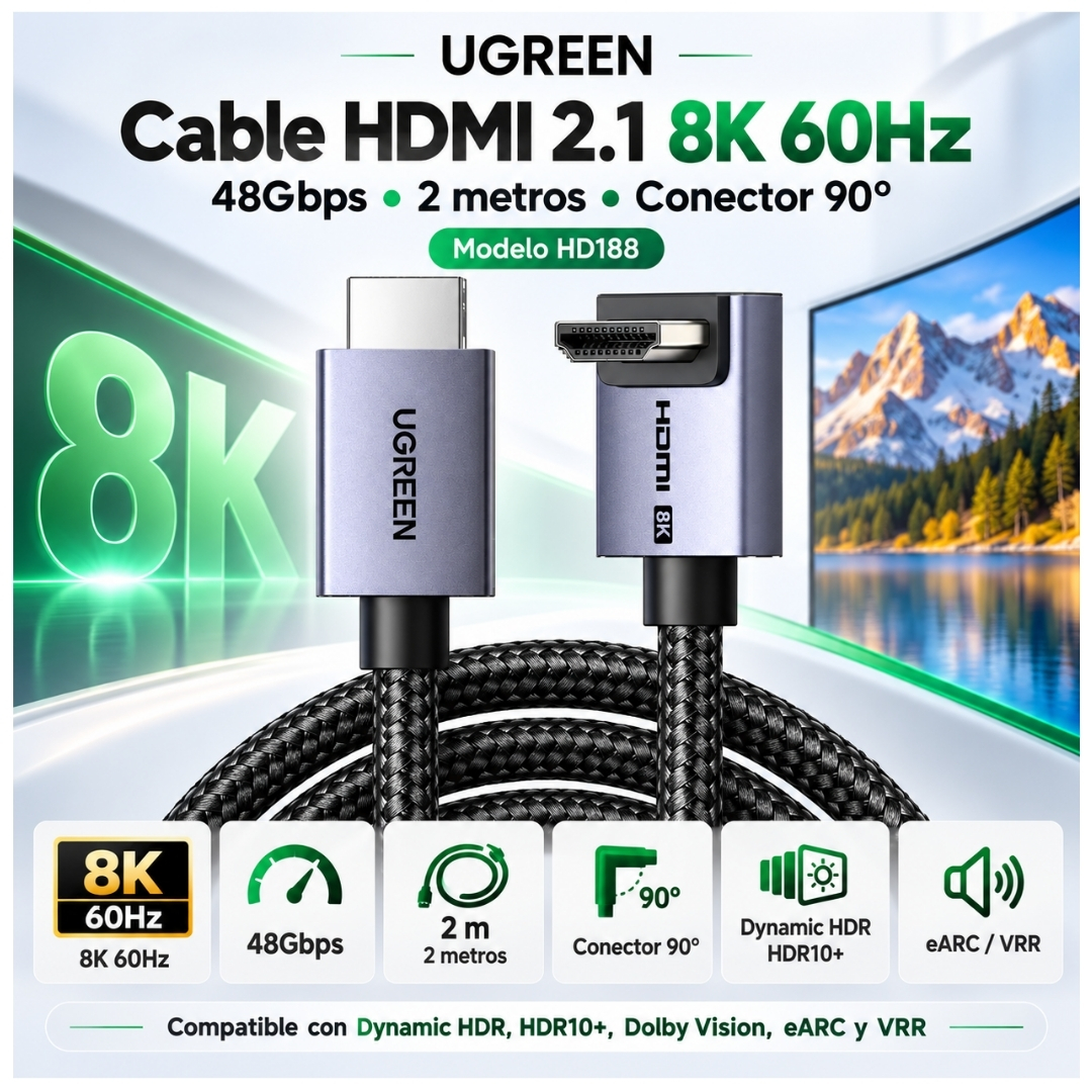 CABLE HDMI 2.1 UGREEN 8K 60HZ 48GBPS 2 METROS 90° HD188 - 85169 - 2