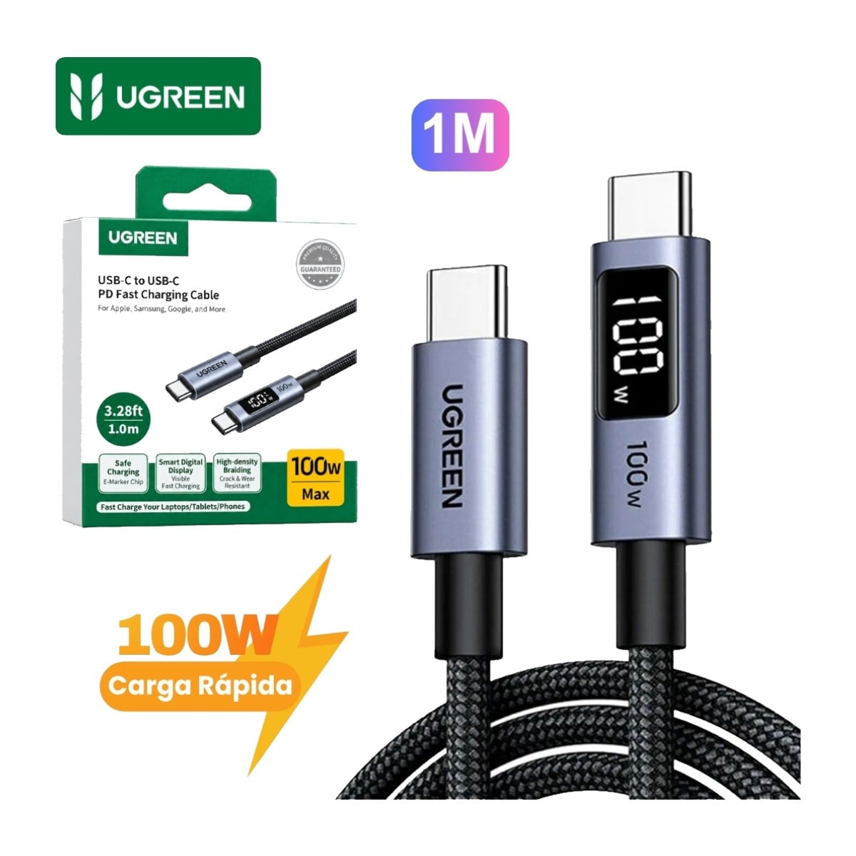 CABLE UGREEN TIPO C 100W CARGA RAPIDA 1 METRO TRANSFERENCIA 480MBPS CON PANTALLA DIGITAL - 1
