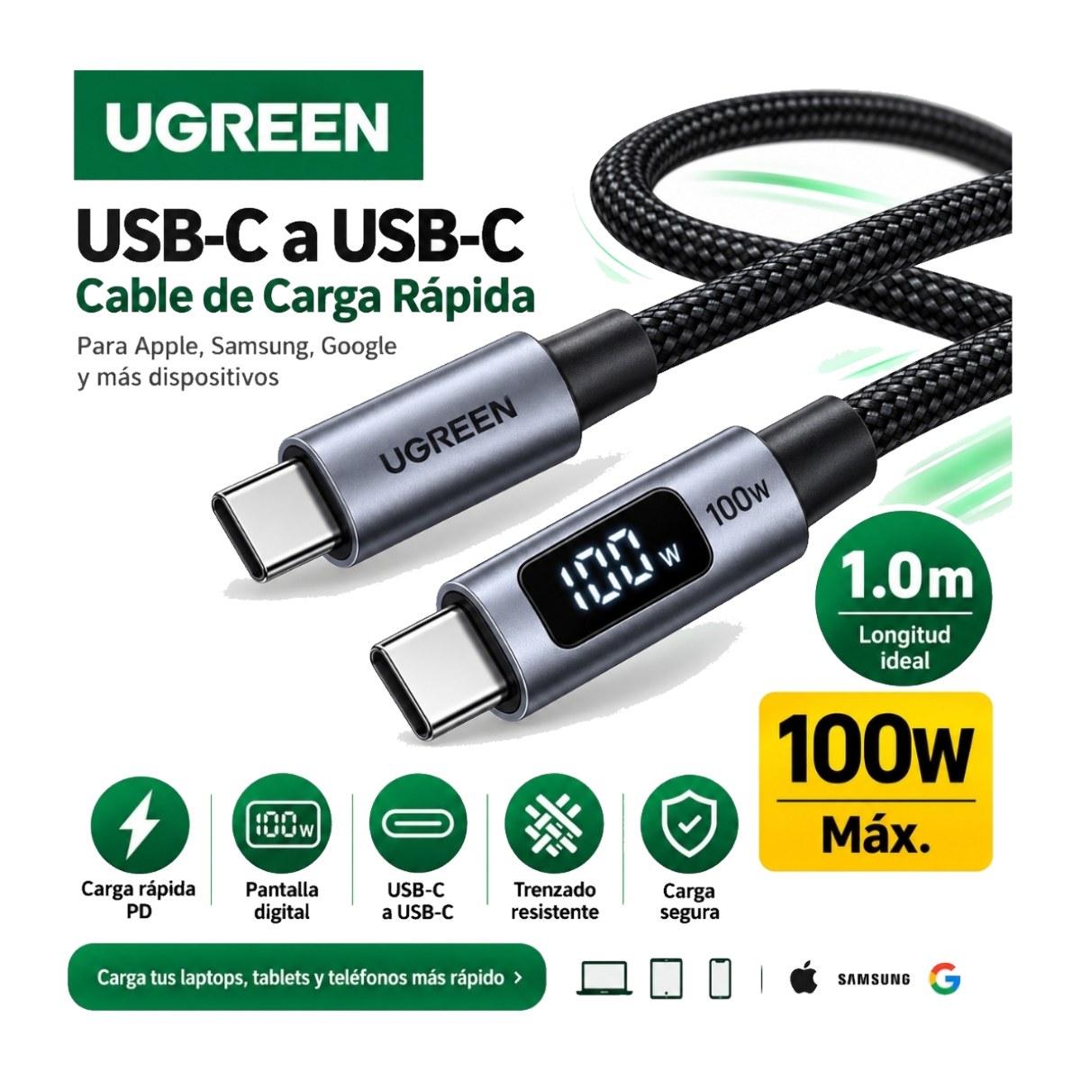 CABLE UGREEN TIPO C 100W CARGA RAPIDA 1 METRO TRANSFERENCIA 480MBPS CON PANTALLA DIGITAL - 2