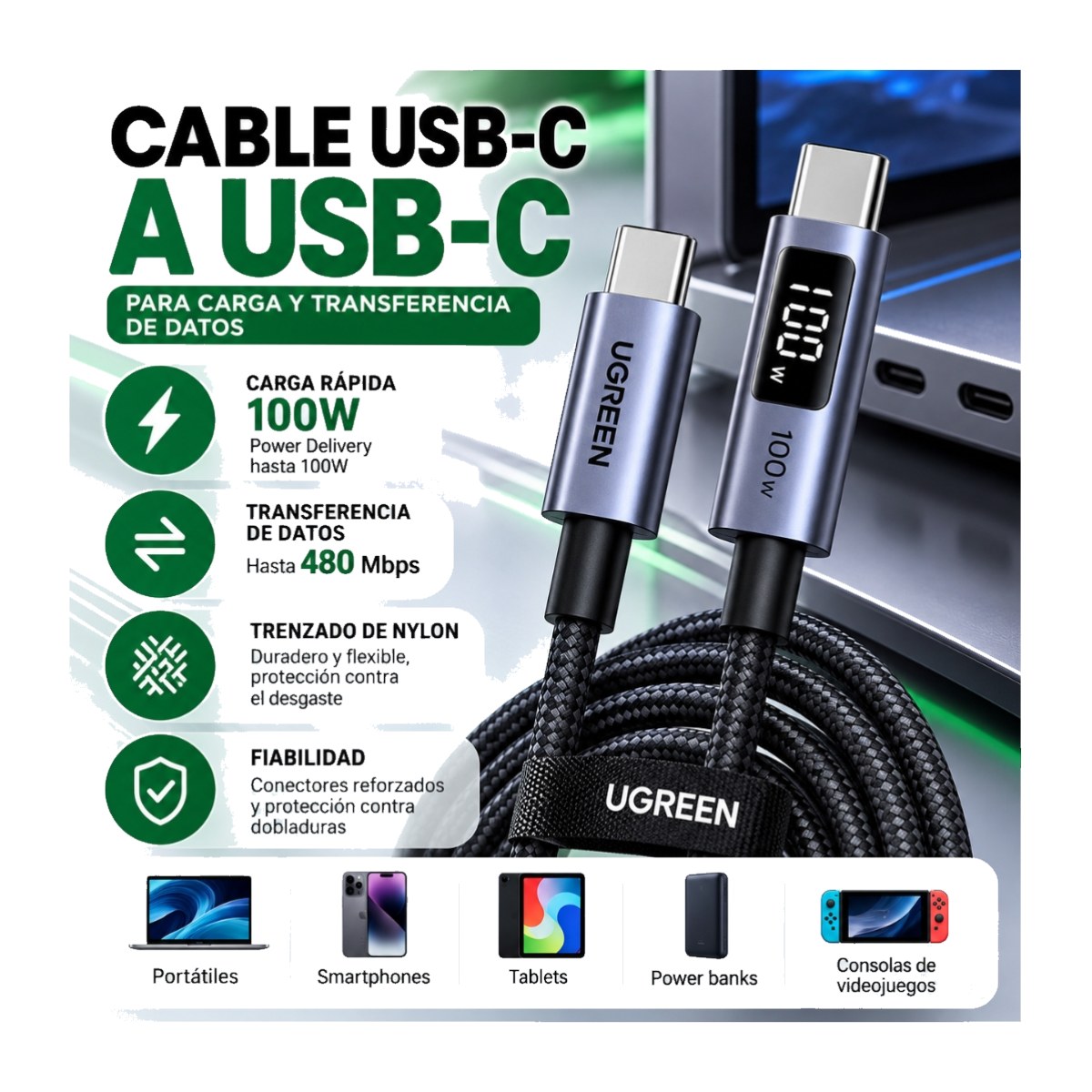 CABLE UGREEN TIPO C 100W CARGA RAPIDA 1 METRO TRANSFERENCIA 480MBPS CON PANTALLA DIGITAL - 3