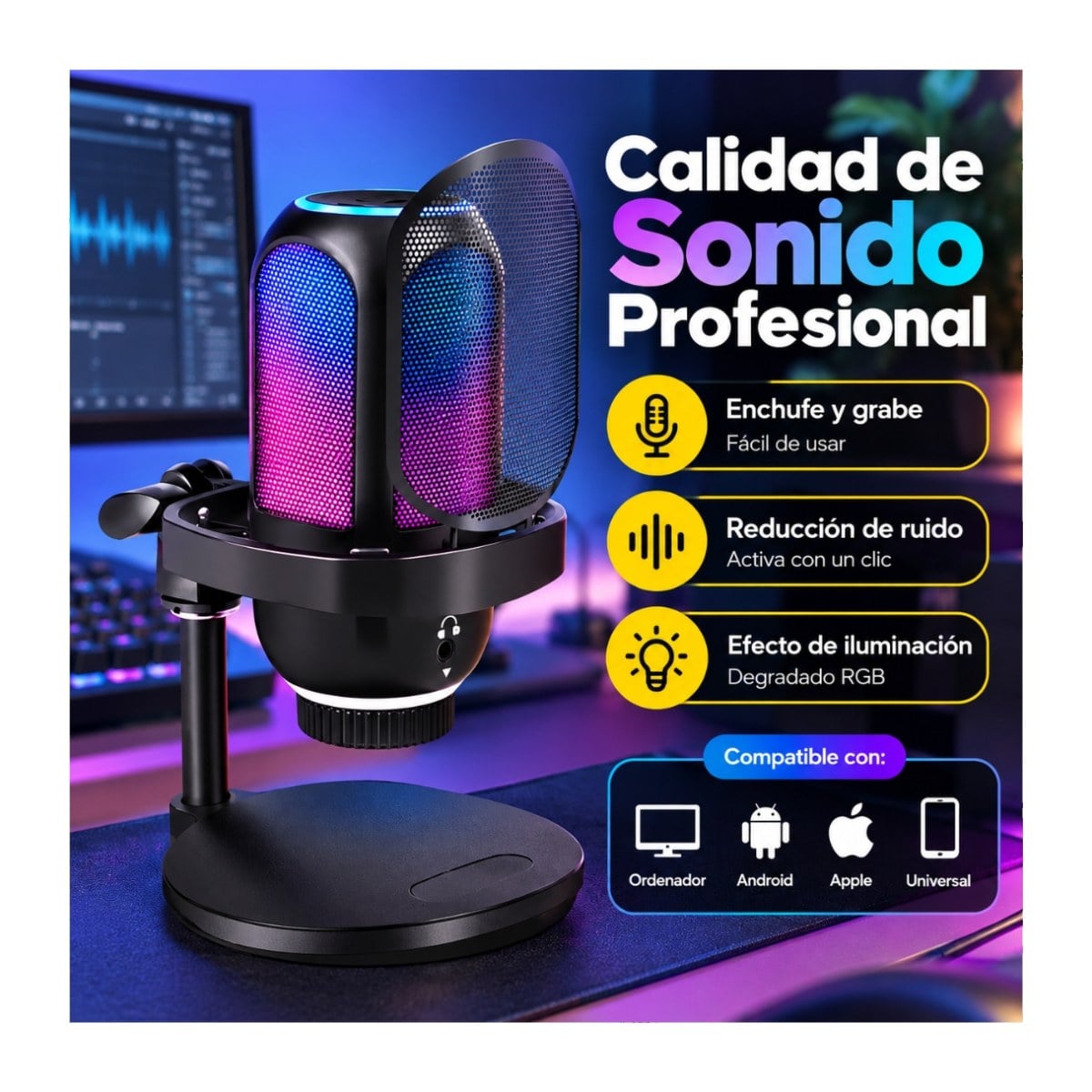 MICRÓFONO CONDENSADOR RGB SONIDO DE ALTA CALIDAD STREAMING GRABACIÓN YX-X9860 AT-D1 - 4