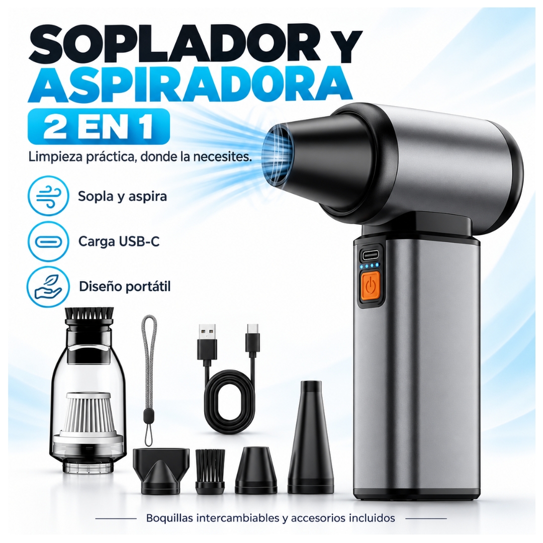 SOPLADOR DE AIRE ASPIRADORA ELÉCTRICO 130000 RPM PARA PC Y AUTO INALAMBRICO RECARGABLE PORTATIL 2 EN 1 - 2