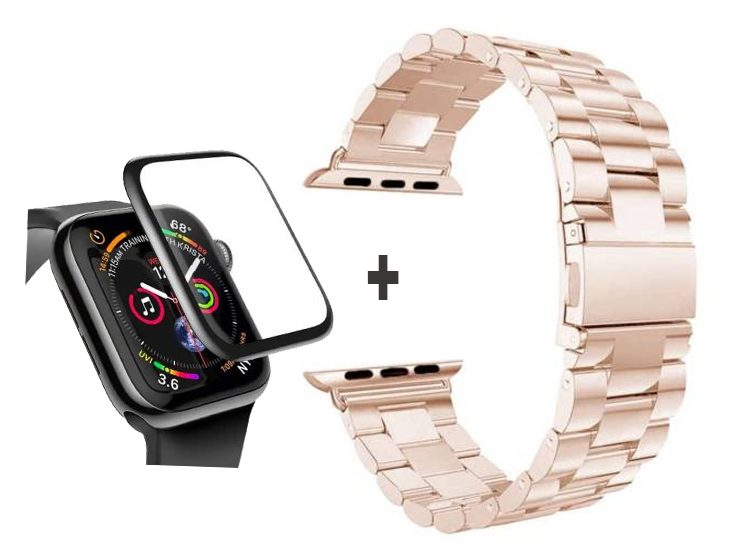 CORREA PARA APPLE WATCH 44MM METALICA ESLABON ROSA GOLD + MICA DE VIDRIO FULL GLUE 3D COMPLETO - 1