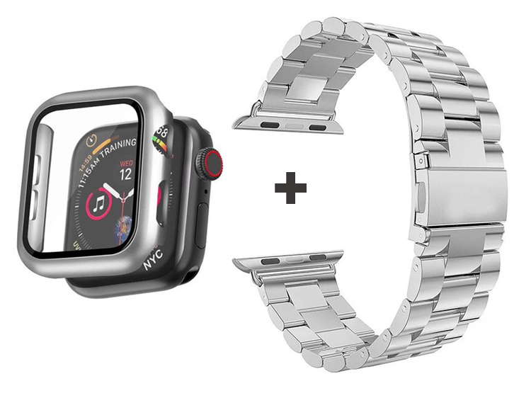 CORREA PARA APPLE WATCH 49MM METALICA ESLABON + BUMPER CON VIDRIO - PLATA - 1