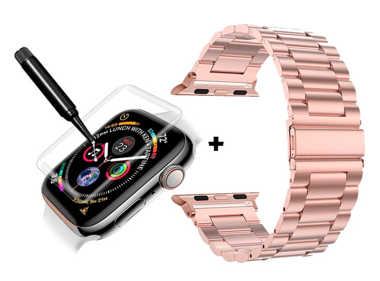 CORREA PARA APPLE WATCH 49MM METALICA ESLABON PINK + MICA UV COMPLETA - 1