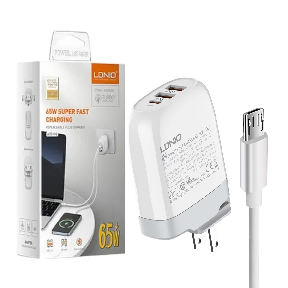 CARGADOR LDNIO 65W A3511Q GAN 3 PUERTOS SUPER RAPIDO CABLE MICRO V8 - 1