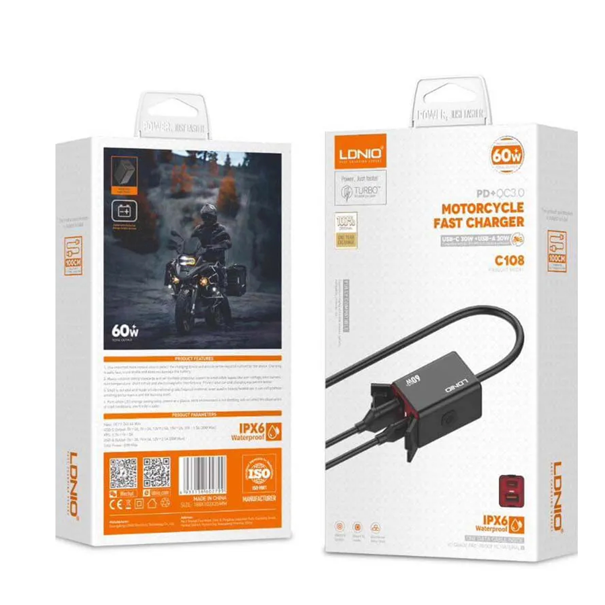 CARGADOR 60W PARA MOTOCICLETA 2 PUERTOS IPX6 LDNIO C108 C/ RÁPIDA - 1
