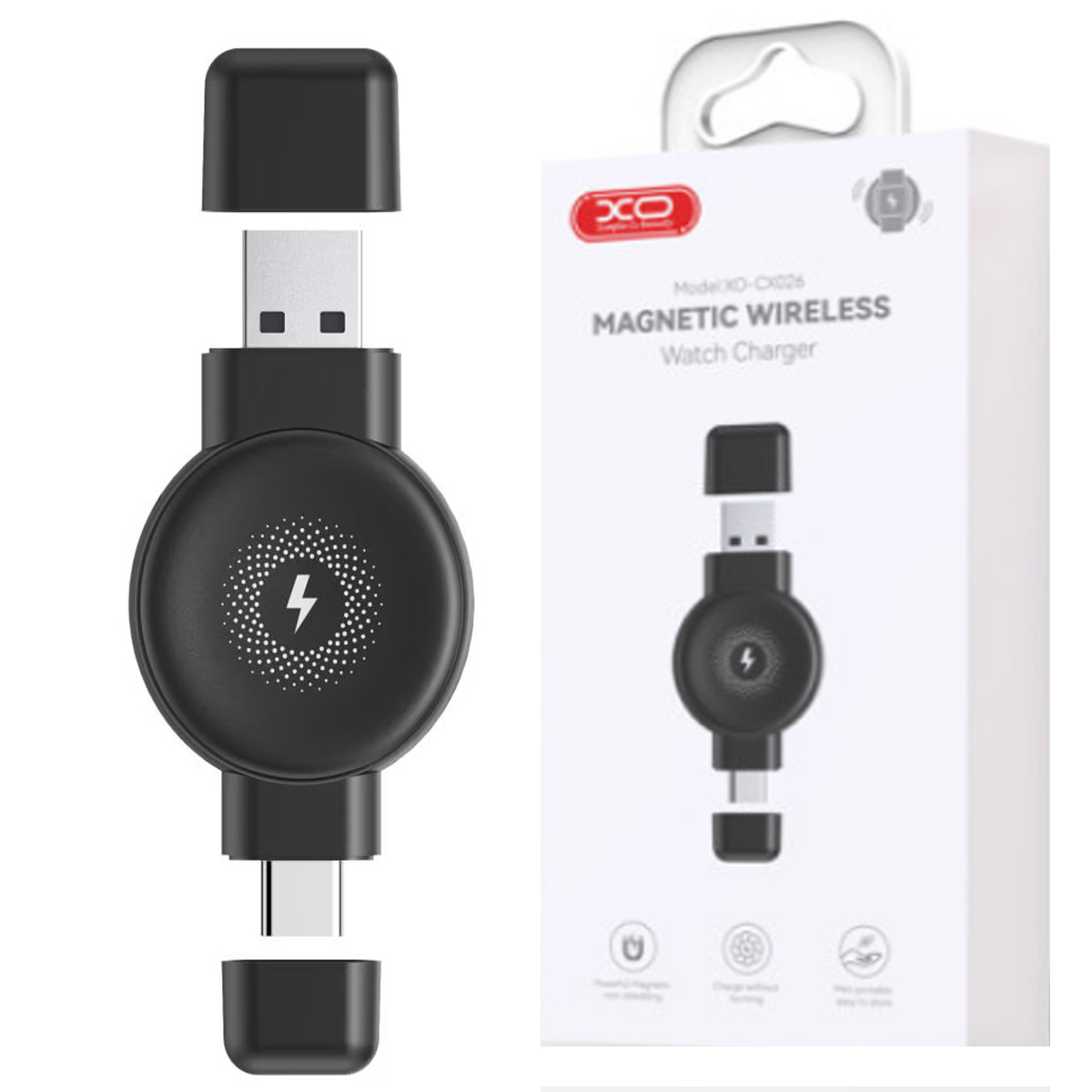CARGADOR MAGNÉTICO INDUCTIVO INALÁMBRICO XO CX026 PARA RELOJ USB-A Y TIPO-C - NEGRO - 2