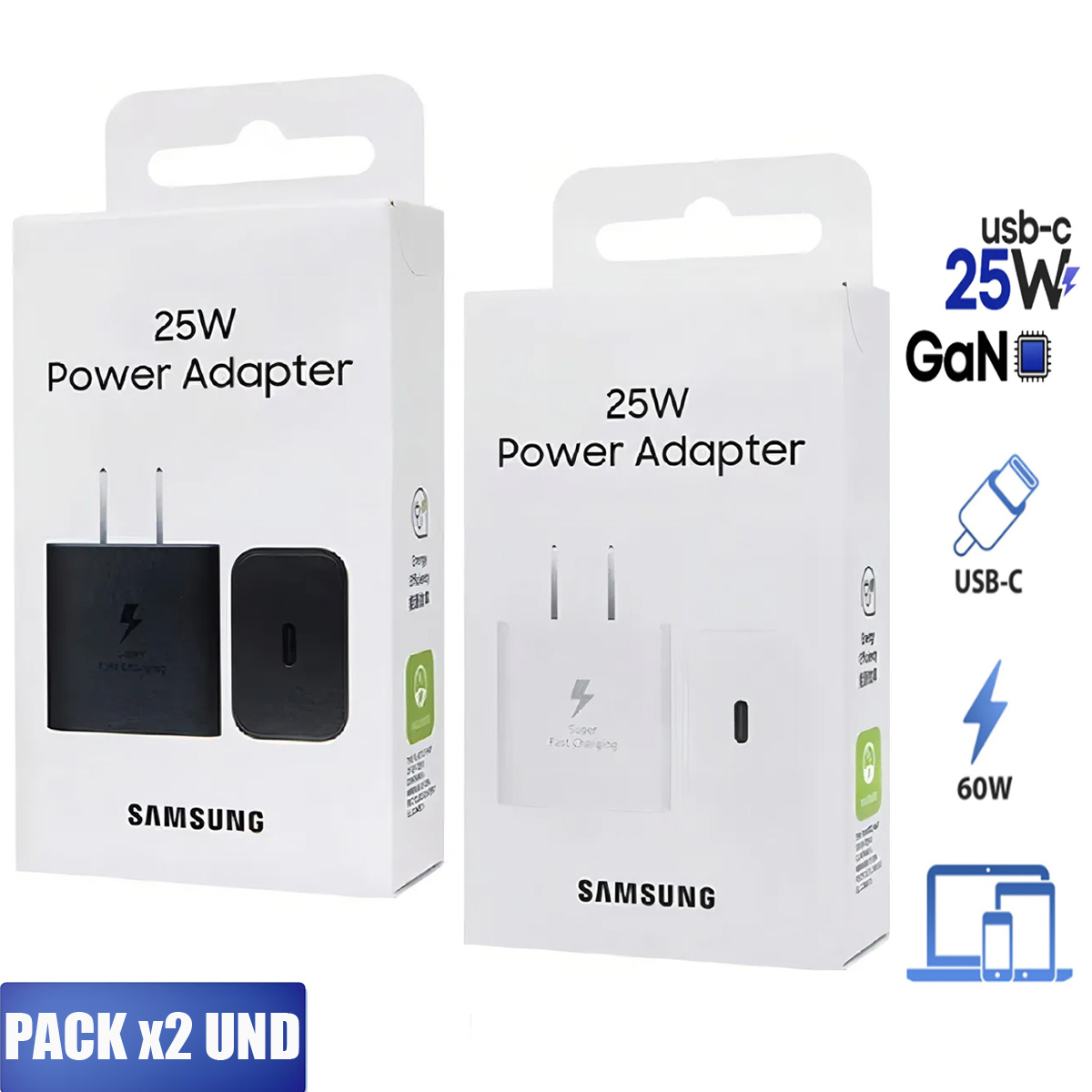 PACK X2 ADAPTADORES 25W GAN SIN CABLE CARGADOR NEGRO Y BLANCO - 1