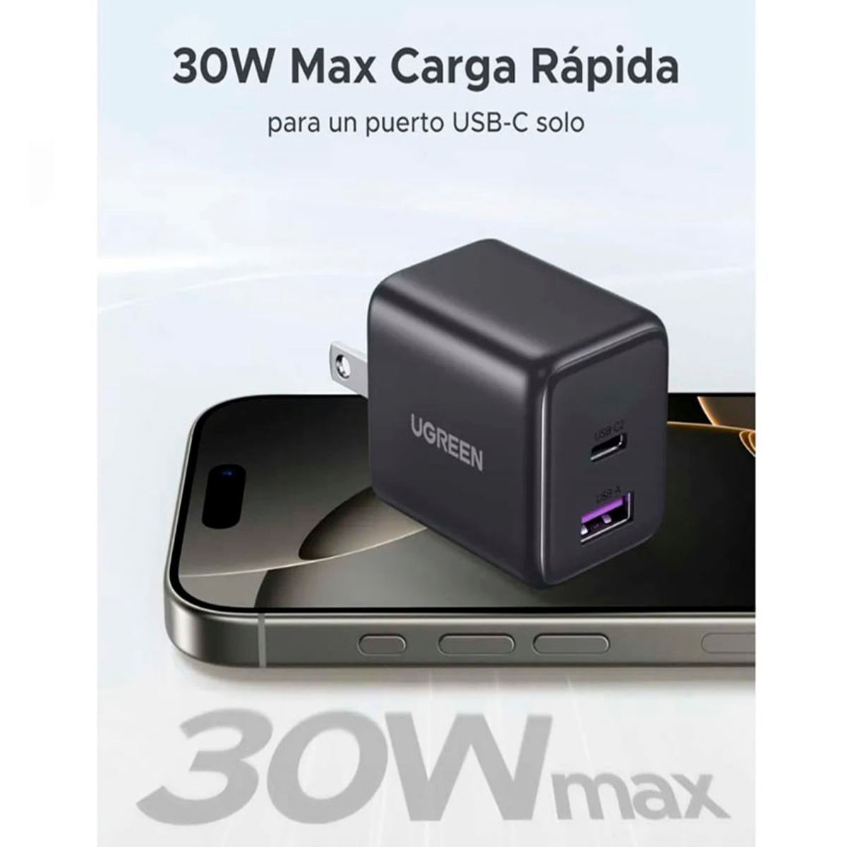 ADAPTADOR 30W UGREEN X516 DUAL PORT CARGA RAPIDA IPAD, AIRPODS GRIS - 3