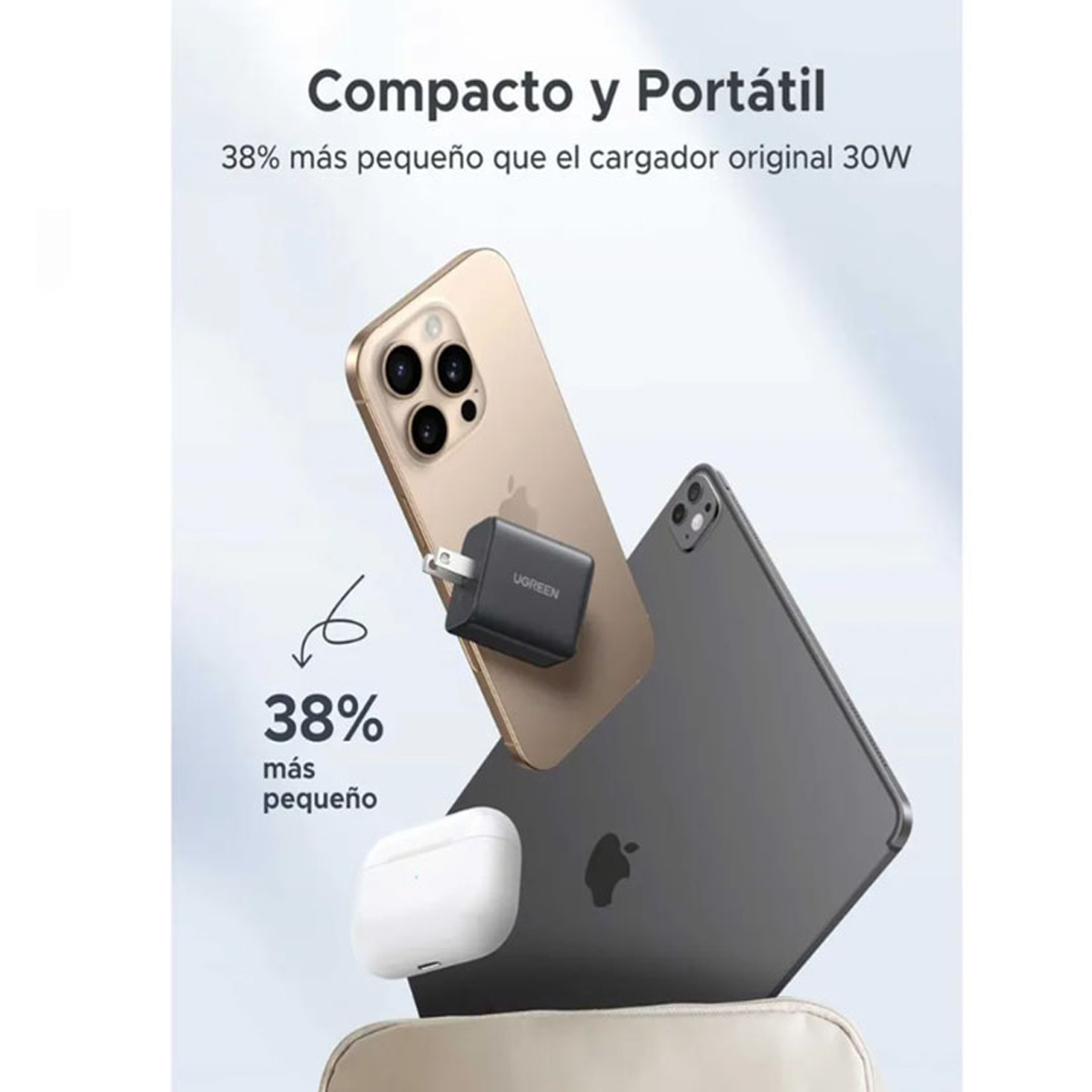 ADAPTADOR 30W UGREEN X516 DUAL PORT CARGA RAPIDA IPAD, AIRPODS GRIS - 4