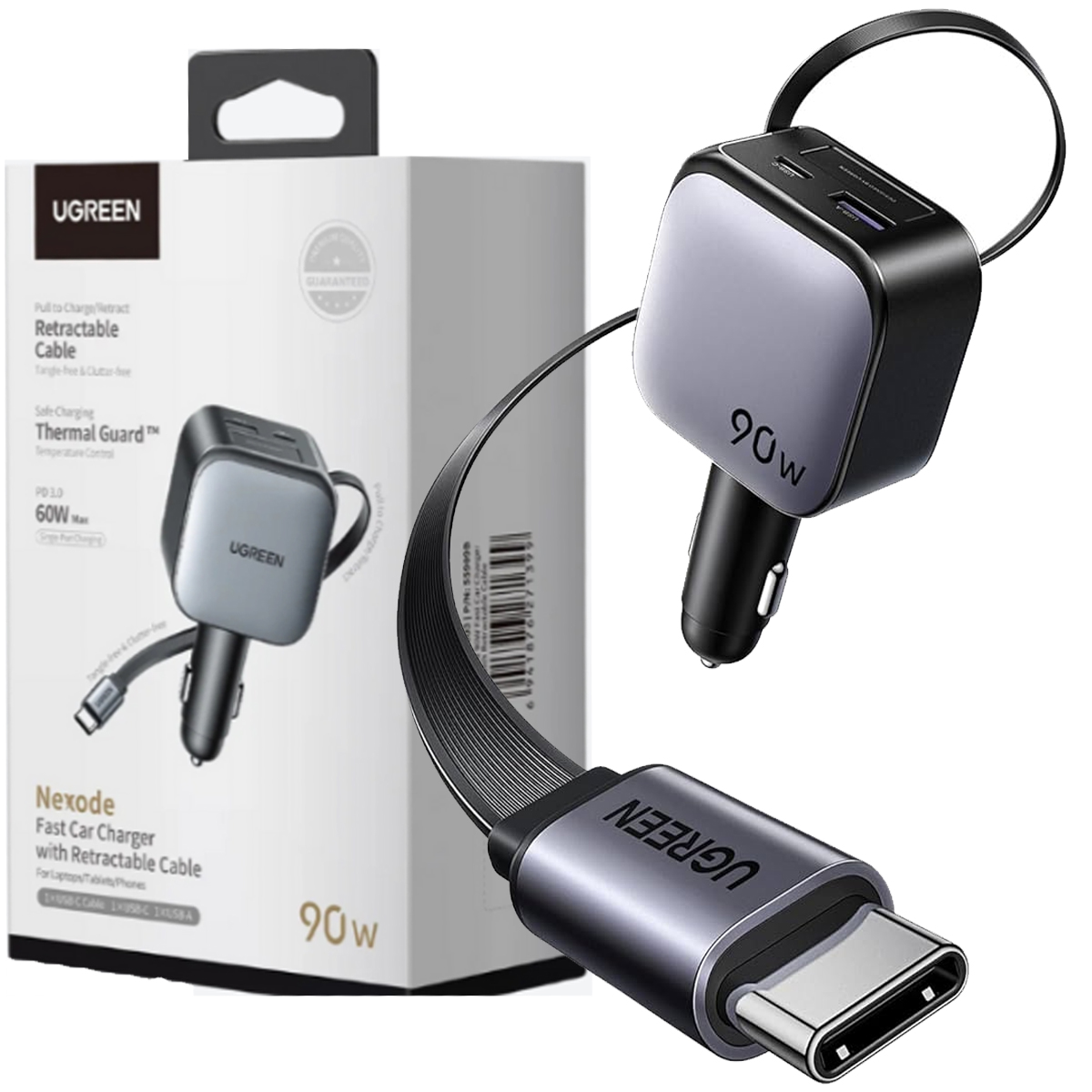 CARGADOR DE AUTO UGREEN EC603 NEXODE 90W CON CABLE RETRACTIL GRIS - 1