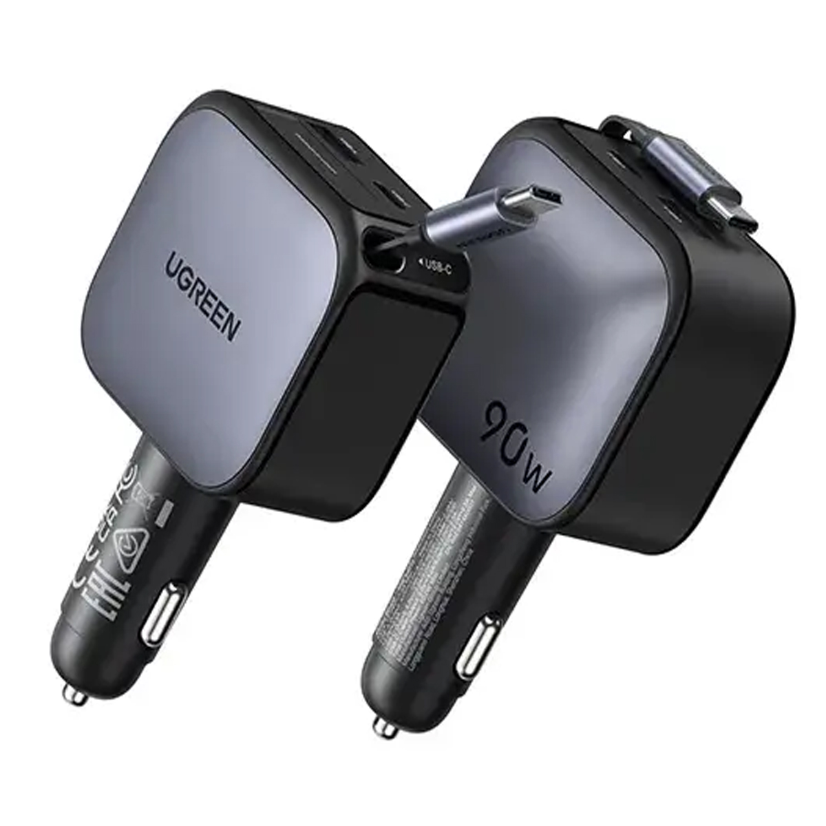 CARGADOR DE AUTO UGREEN EC603 NEXODE 90W CON CABLE RETRACTIL GRIS - 3