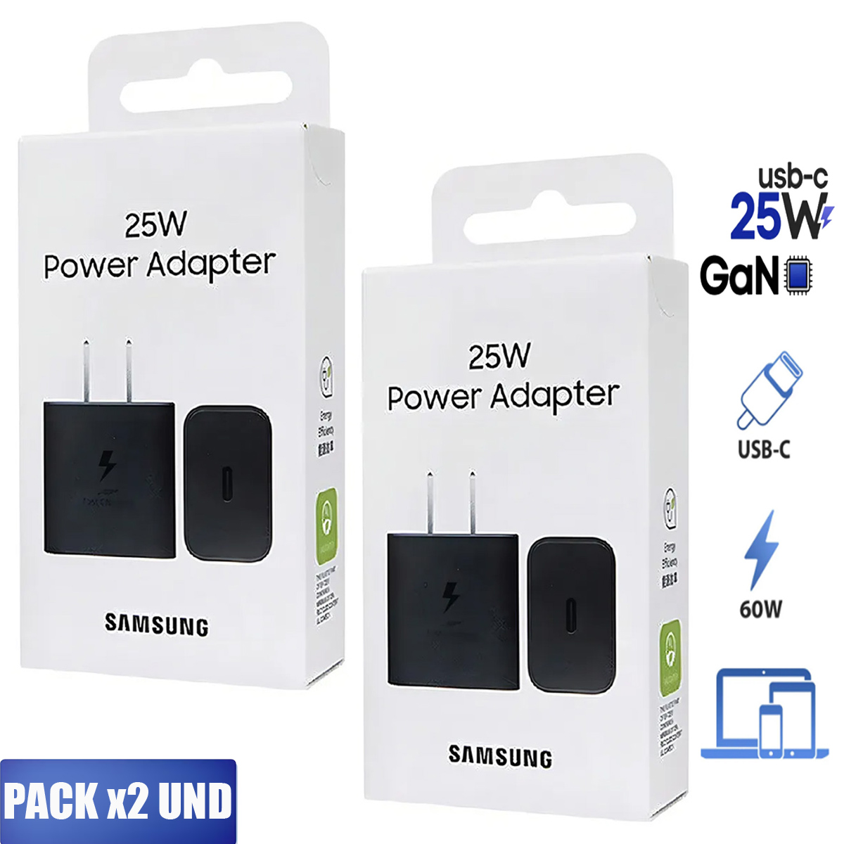 PACK X2 CARGADOR DE PARED 25W GAN SIN CABLE NEGRO - 2