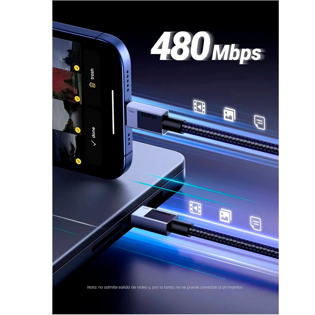 CABLE USB-C A USB-C UGREEN L512 CARGA RÁPIDA 100W TRENZADO 2M - 3