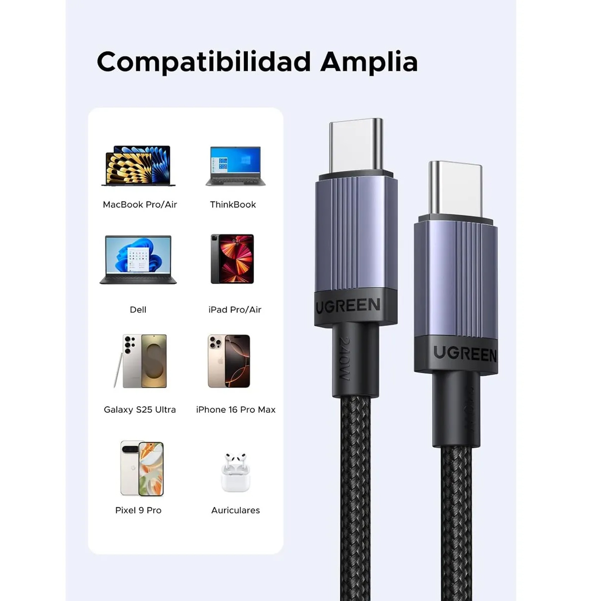 CABLE UGREEN L532 USB-C A USB-C PD DE 240 W MÁX 1M NEGRO - 5
