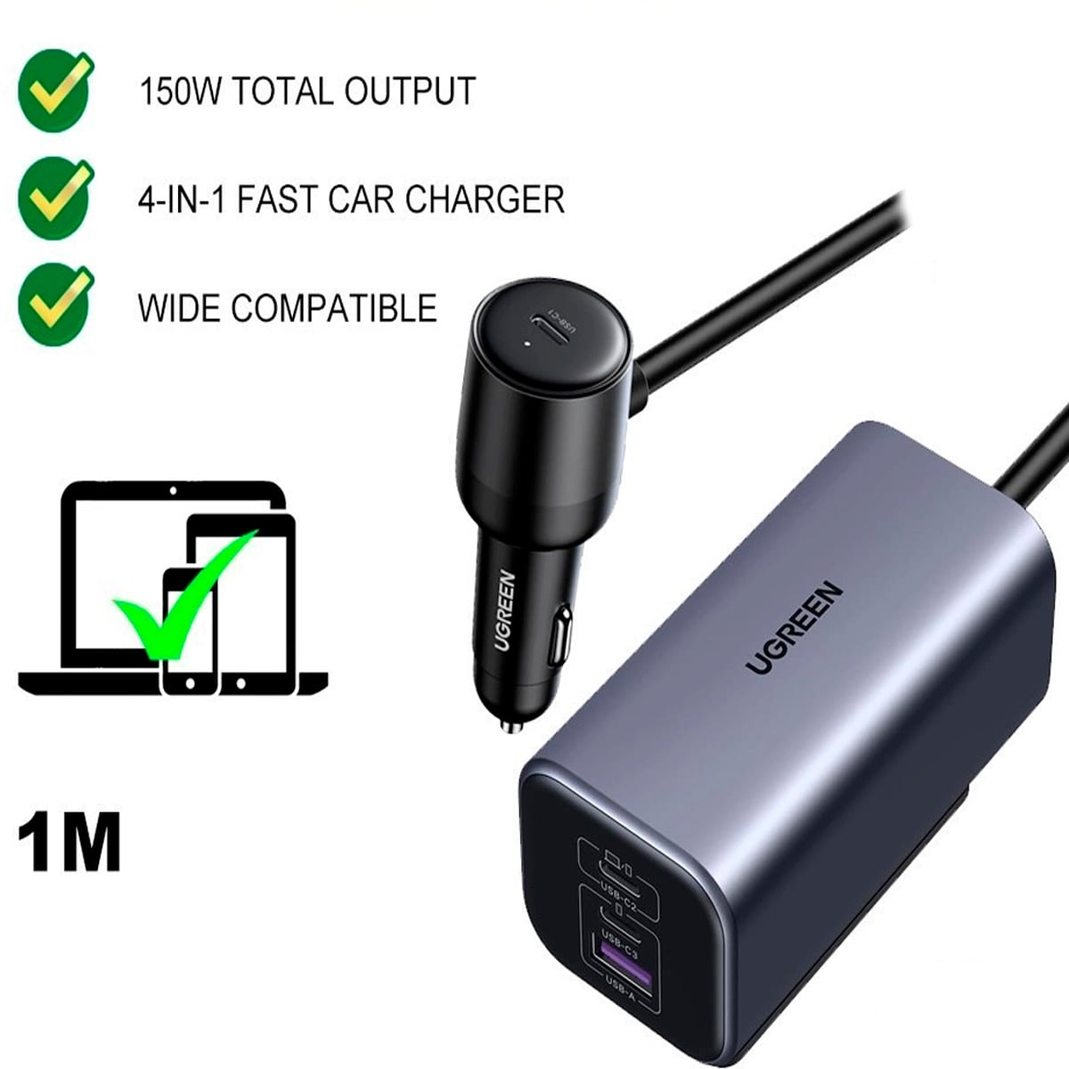 CARGADOR PARA AUTO 150W UGREEN EC706 GAN 4 PUERTOS CARGA RÁPIDA NEGRO - 1