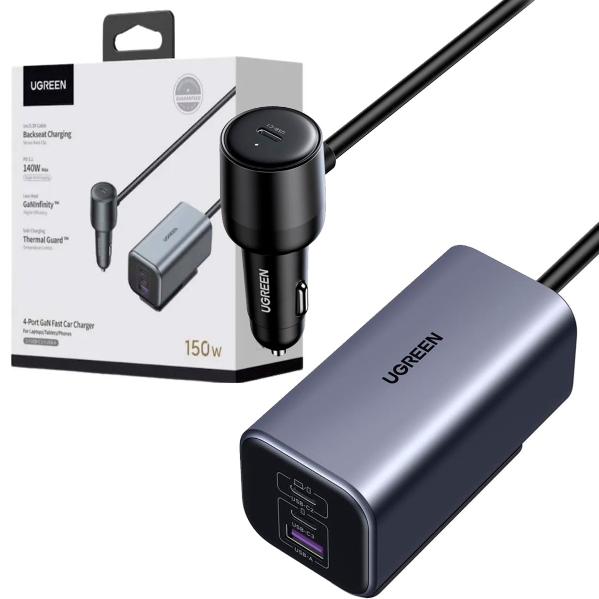 CARGADOR PARA AUTO 150W UGREEN EC706 GAN 4 PUERTOS CARGA RÁPIDA NEGRO - 2
