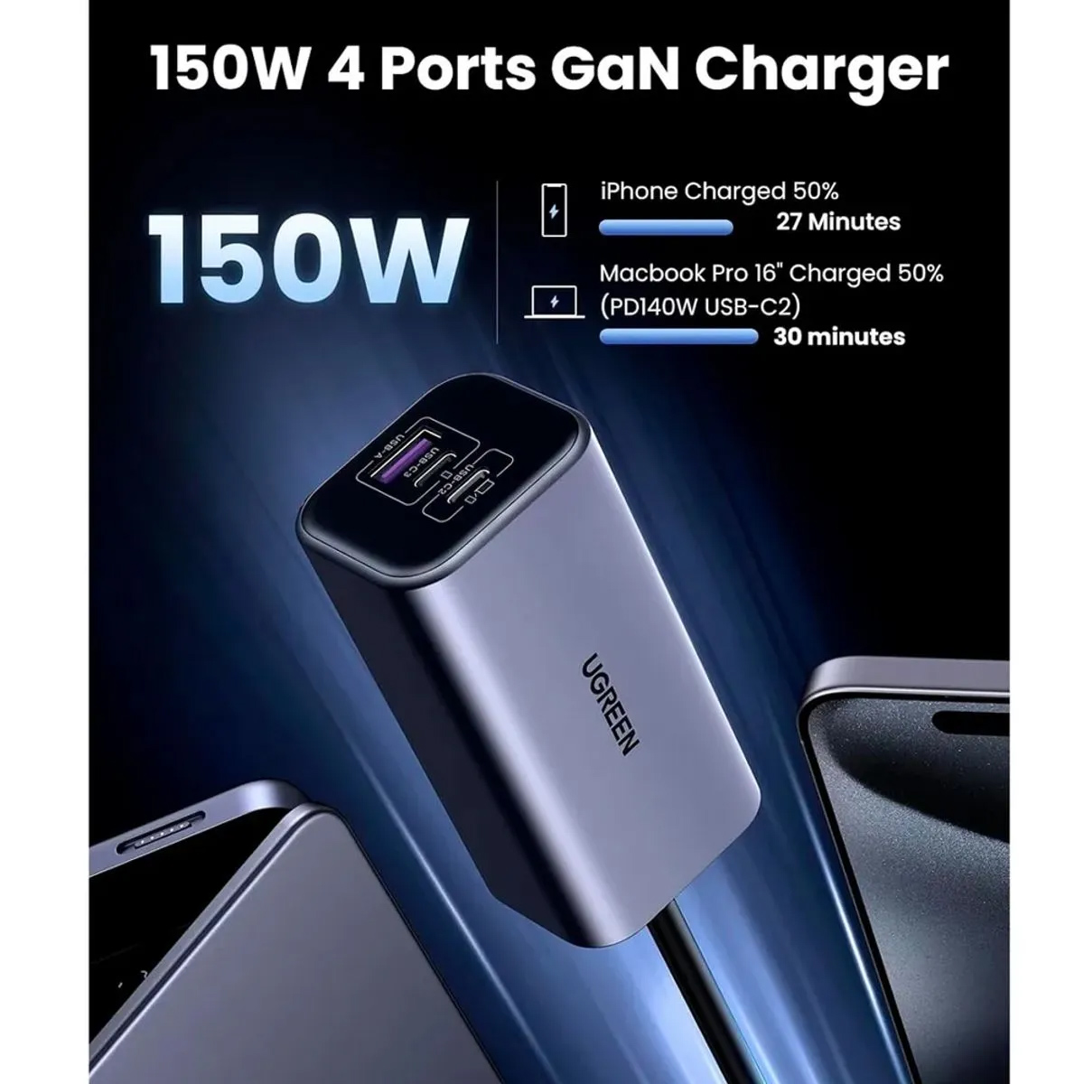 CARGADOR PARA AUTO 150W UGREEN EC706 GAN 4 PUERTOS CARGA RÁPIDA NEGRO - 6