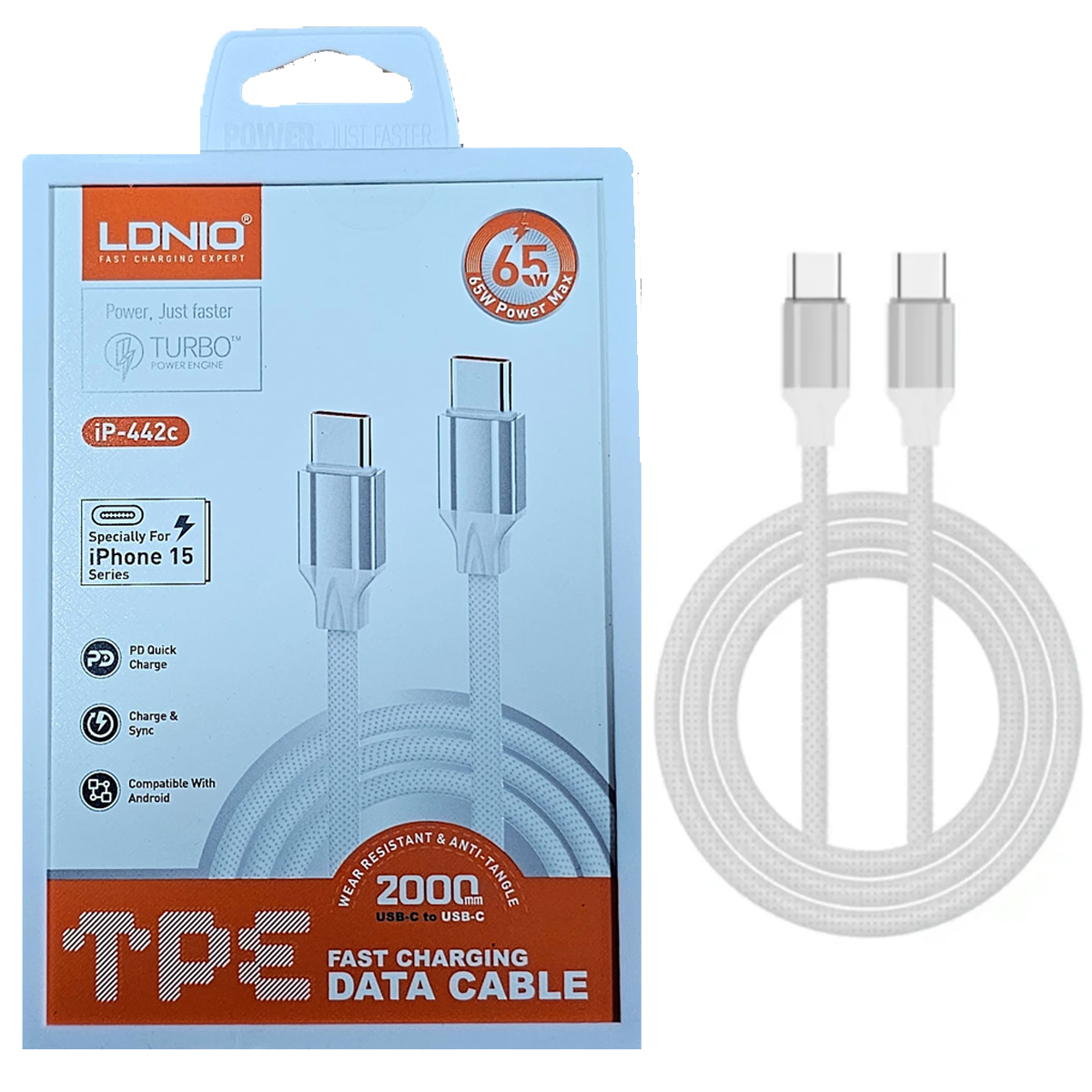 CABLE LDNIO IP-442C TIPO C A C NYLÓN 65W 2M PARA IPHONE SERIE 15,16 BLANCO - 3