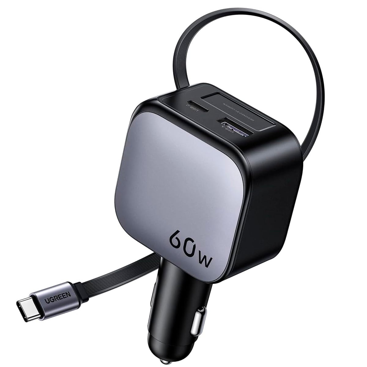 CARGADOR DE AUTO UGREEN EC602 55212B NEXODE 60W CON CABLE RETRACTIL GRIS - 1