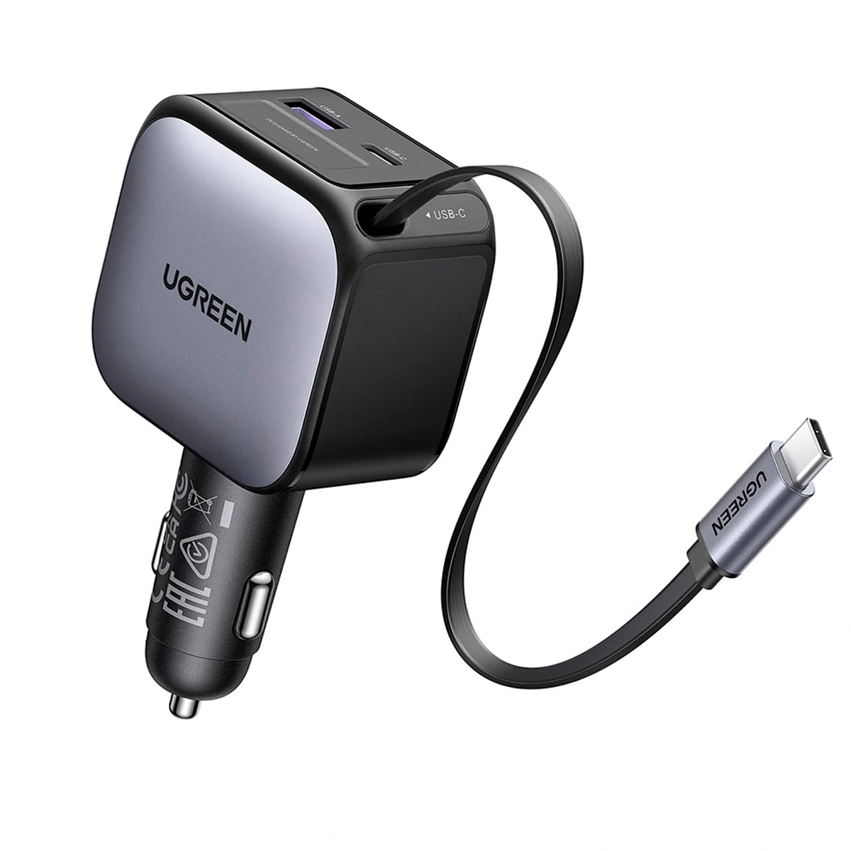 CARGADOR DE AUTO UGREEN EC602 55212B NEXODE 60W CON CABLE RETRACTIL GRIS - 2