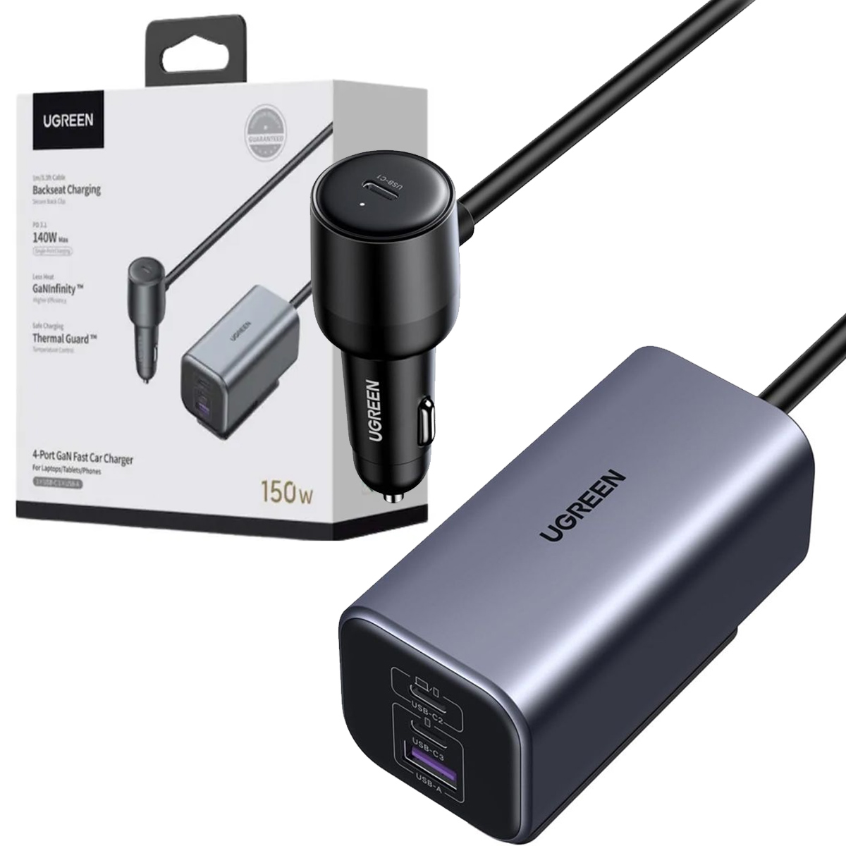 CARGADOR DE AUTO UGREEN EC706 PUERTO MÚLTIPLE 150W NEGRO - 1