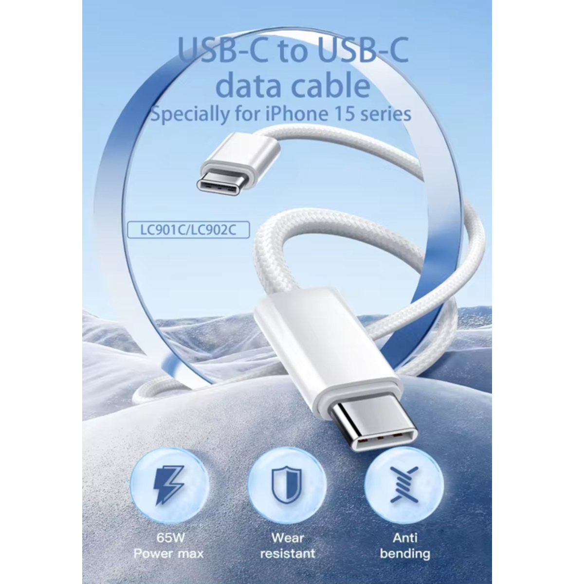 CABLE NYLON LDNIO LC901C 1M 65W TIPO C A C PARA IPHONE SERIE 15, 16 - 5